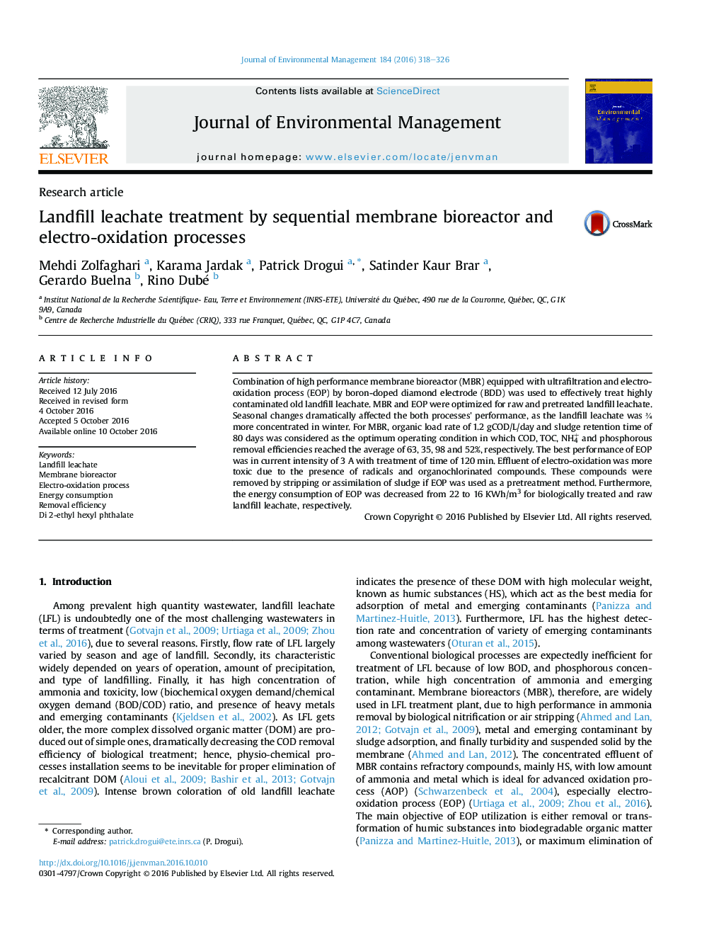 Landfill leachate treatment by sequential membrane bioreactor and electro-oxidation processes