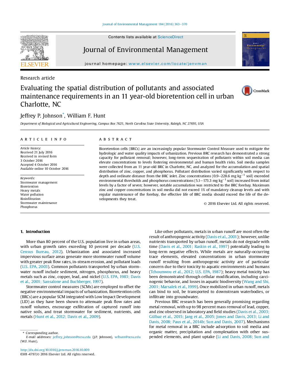 Evaluating the spatial distribution of pollutants and associated maintenance requirements in an 11 year-old bioretention cell in urban Charlotte, NC