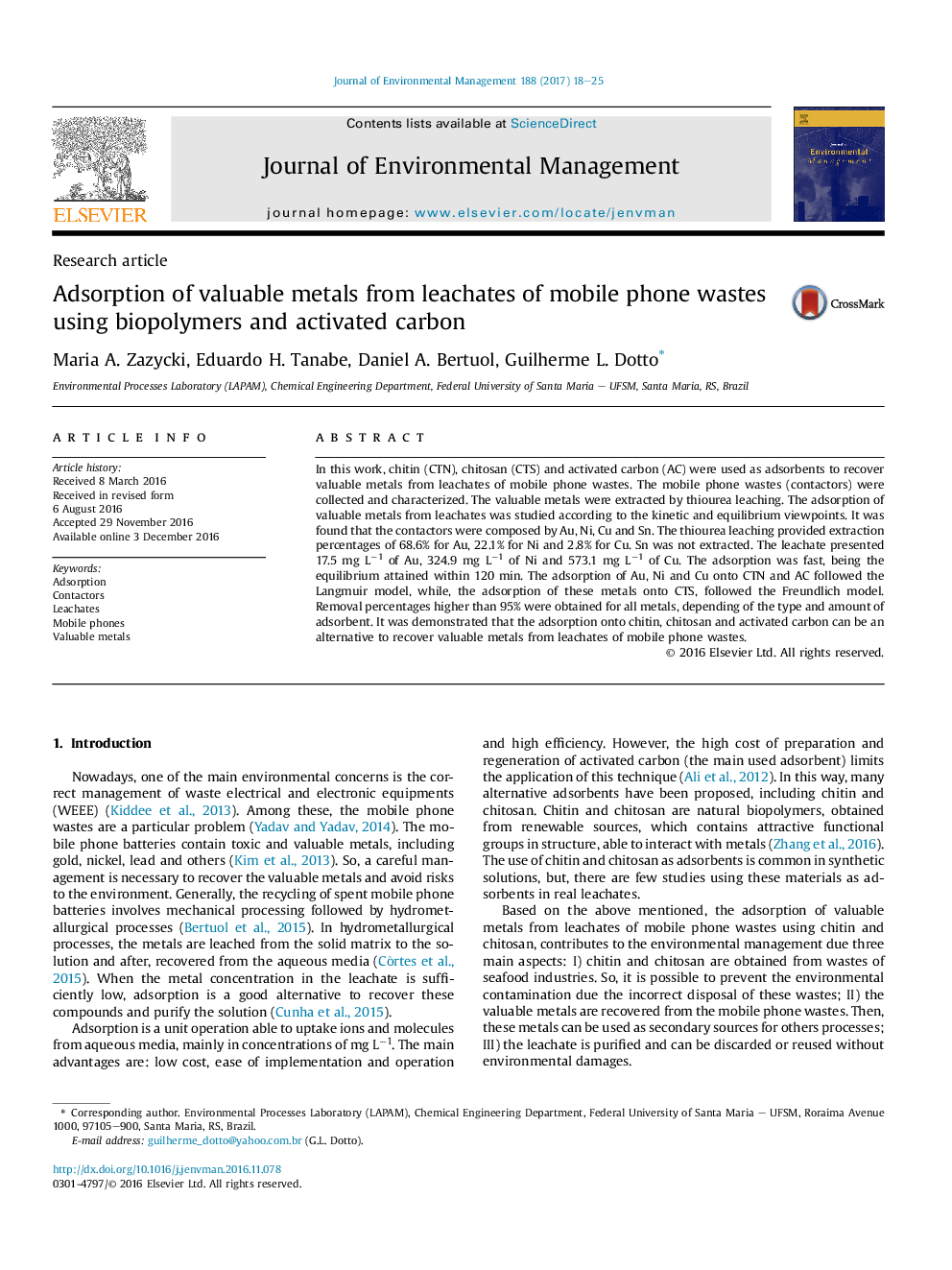 Adsorption of valuable metals from leachates of mobile phone wastes using biopolymers and activated carbon