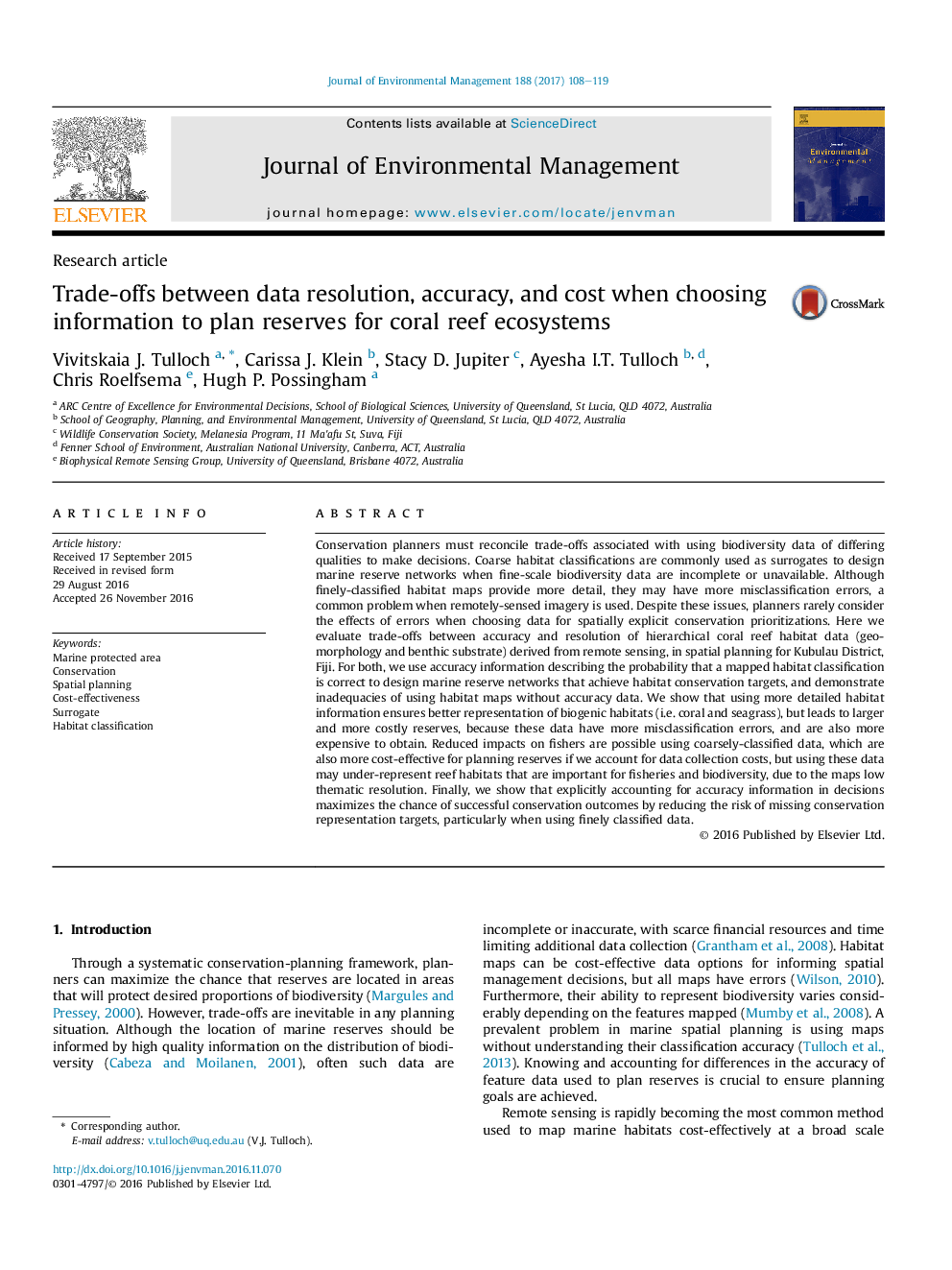 Trade-offs between data resolution, accuracy, and cost when choosing information to plan reserves for coral reef ecosystems