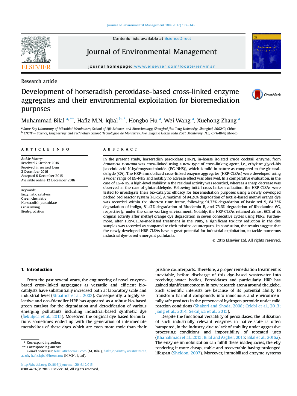 Development of horseradish peroxidase-based cross-linked enzyme aggregates and their environmental exploitation for bioremediation purposes