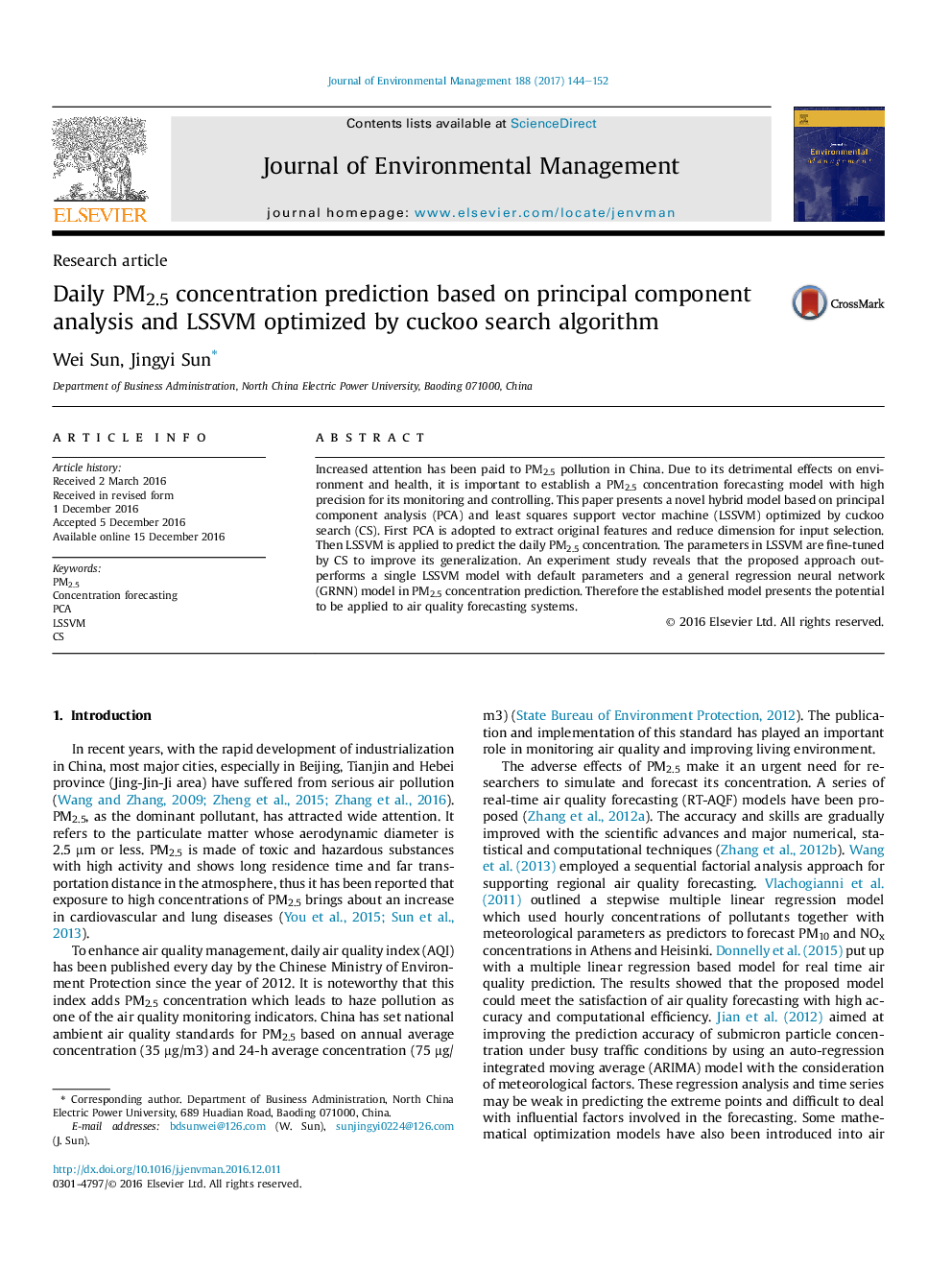 Daily PM2.5 concentration prediction based on principal component analysis and LSSVM optimized by cuckoo search algorithm