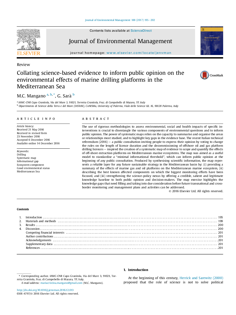 Collating science-based evidence to inform public opinion on the environmental effects of marine drilling platforms in the Mediterranean Sea