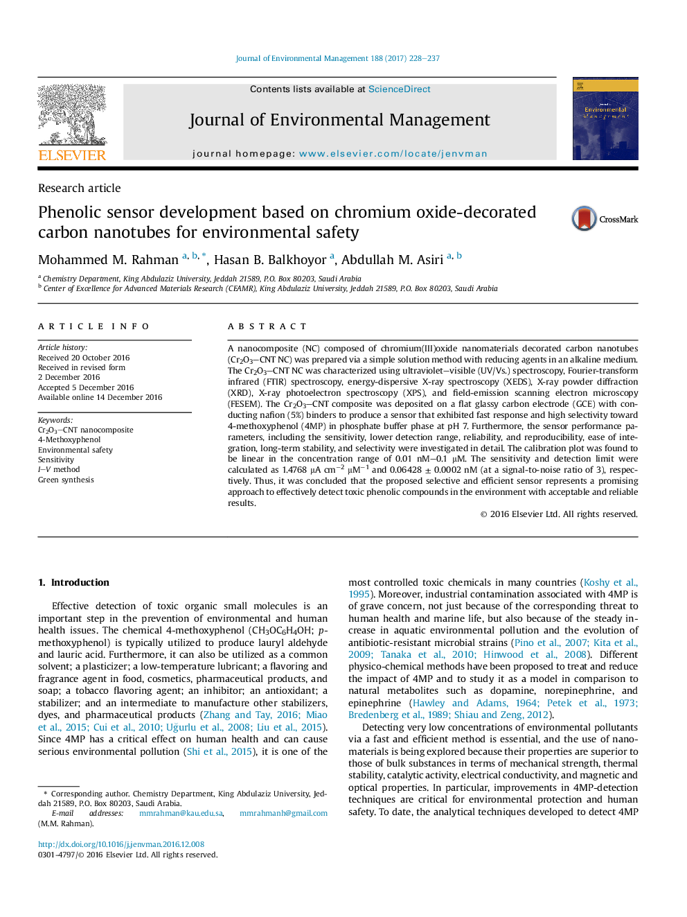 Phenolic sensor development based on chromium oxide-decorated carbon nanotubes for environmental safety