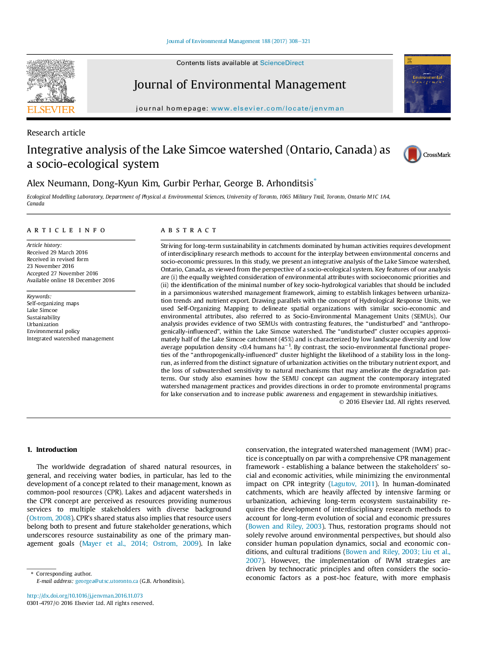 Integrative analysis of the Lake Simcoe watershed (Ontario, Canada) as a socio-ecological system