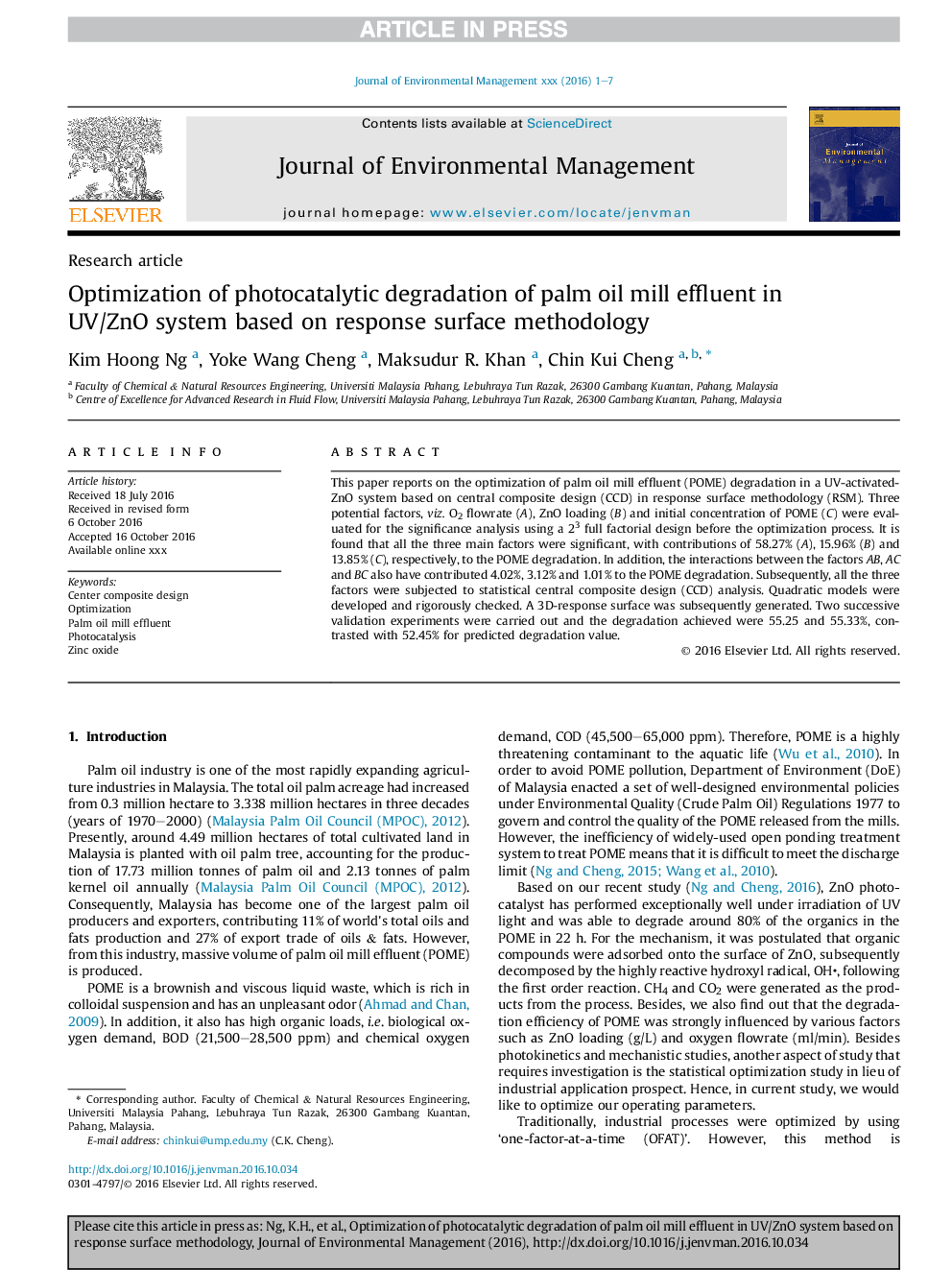 Optimization of photocatalytic degradation of palm oil mill effluent in UV/ZnO system based on response surface methodology