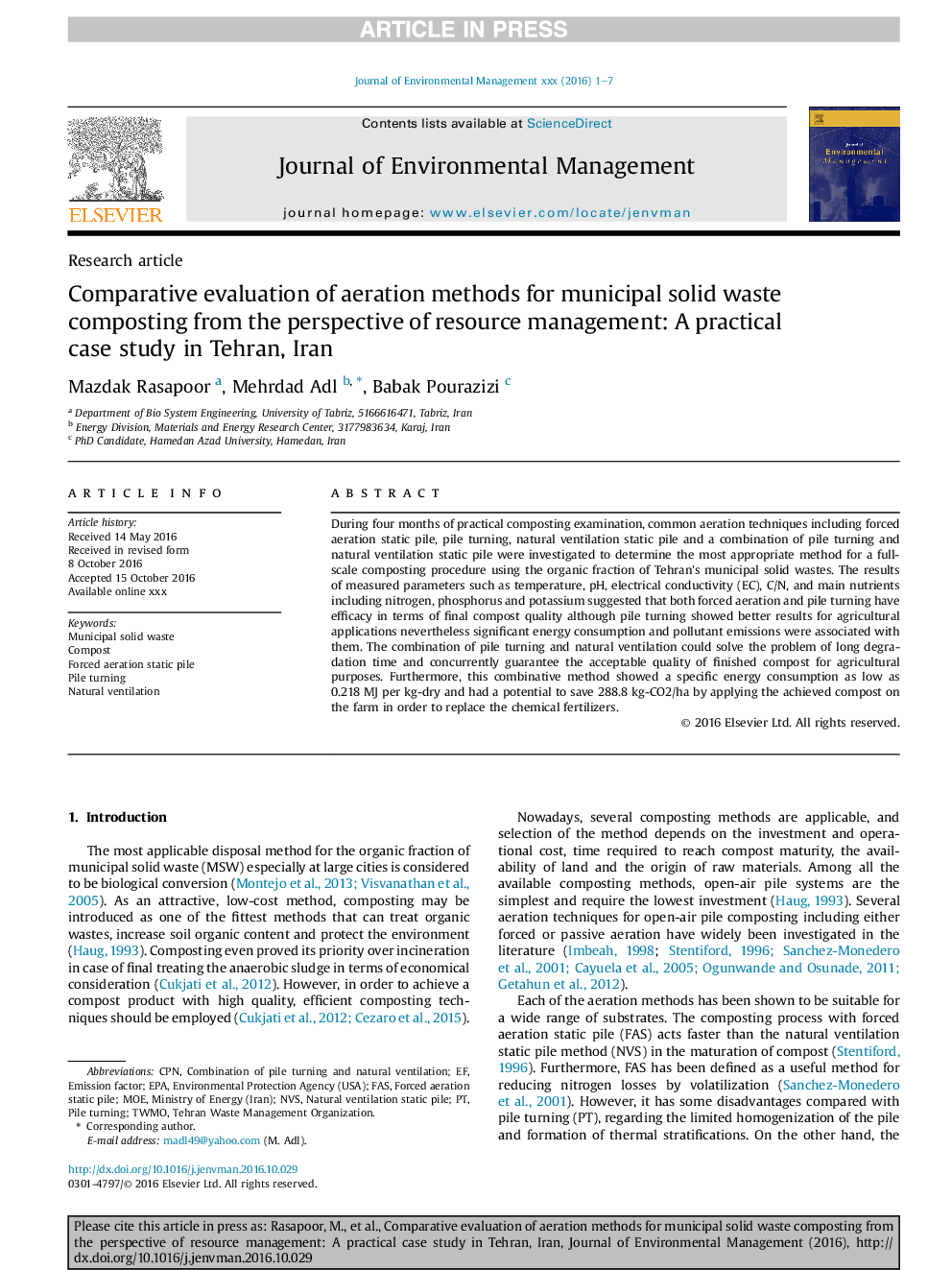 Comparative evaluation of aeration methods for municipal solid waste composting from the perspective of resource management: A practical case study in Tehran, Iran