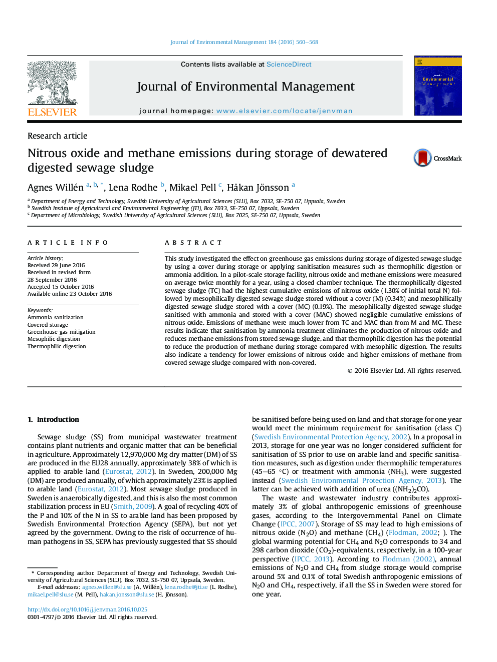 Nitrous oxide and methane emissions during storage of dewatered digested sewage sludge