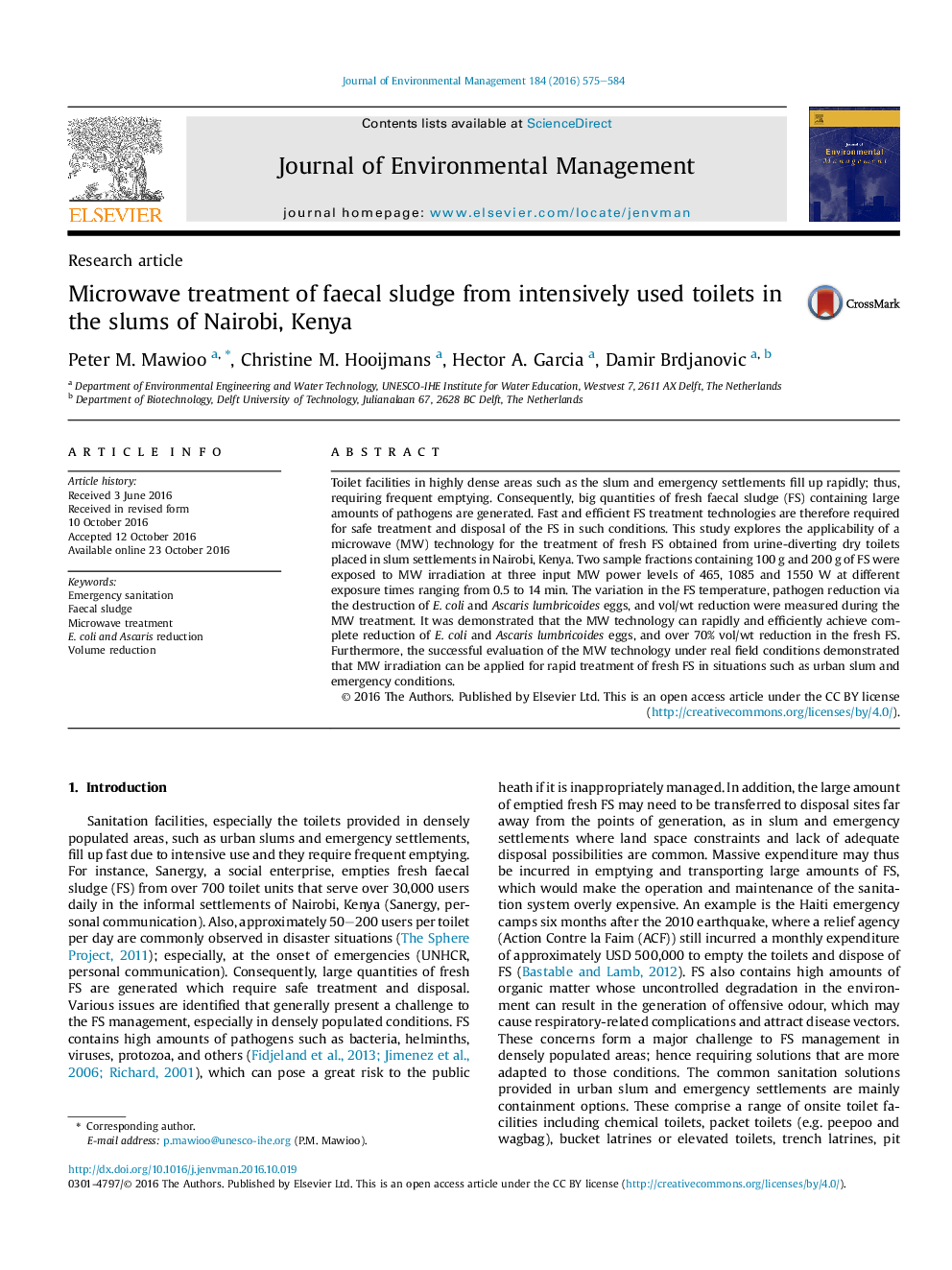 Microwave treatment of faecal sludge from intensively used toilets in the slums of Nairobi, Kenya