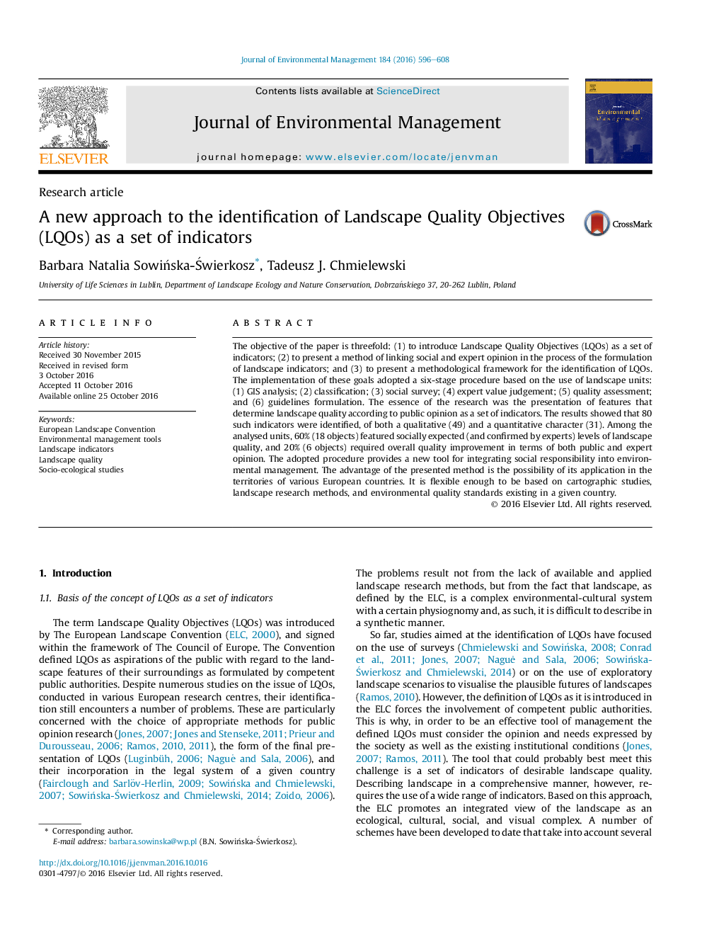 A new approach to the identification of Landscape Quality Objectives (LQOs) as a set of indicators