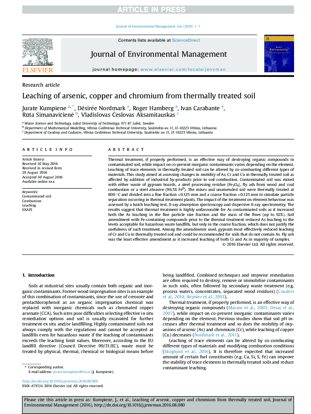 Leaching of arsenic, copper and chromium from thermally treated soil