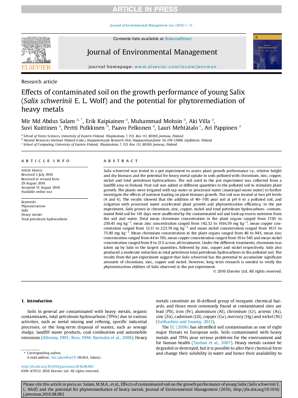 Effects of contaminated soil on the growth performance of young Salix (Salix schwerinii E. L. Wolf) and the potential for phytoremediation of heavy metals