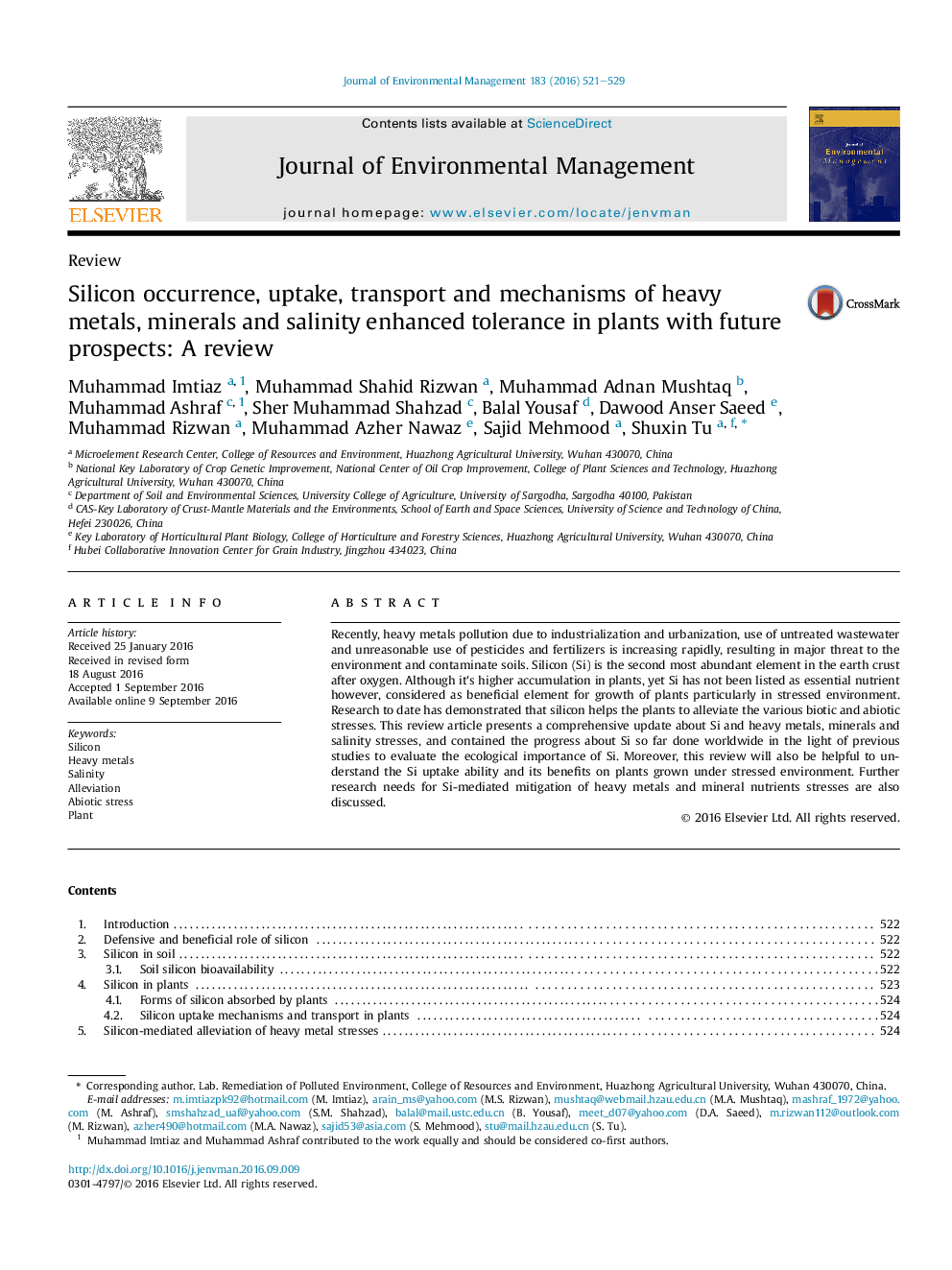 Silicon occurrence, uptake, transport and mechanisms of heavy metals, minerals and salinity enhanced tolerance in plants with future prospects: A review