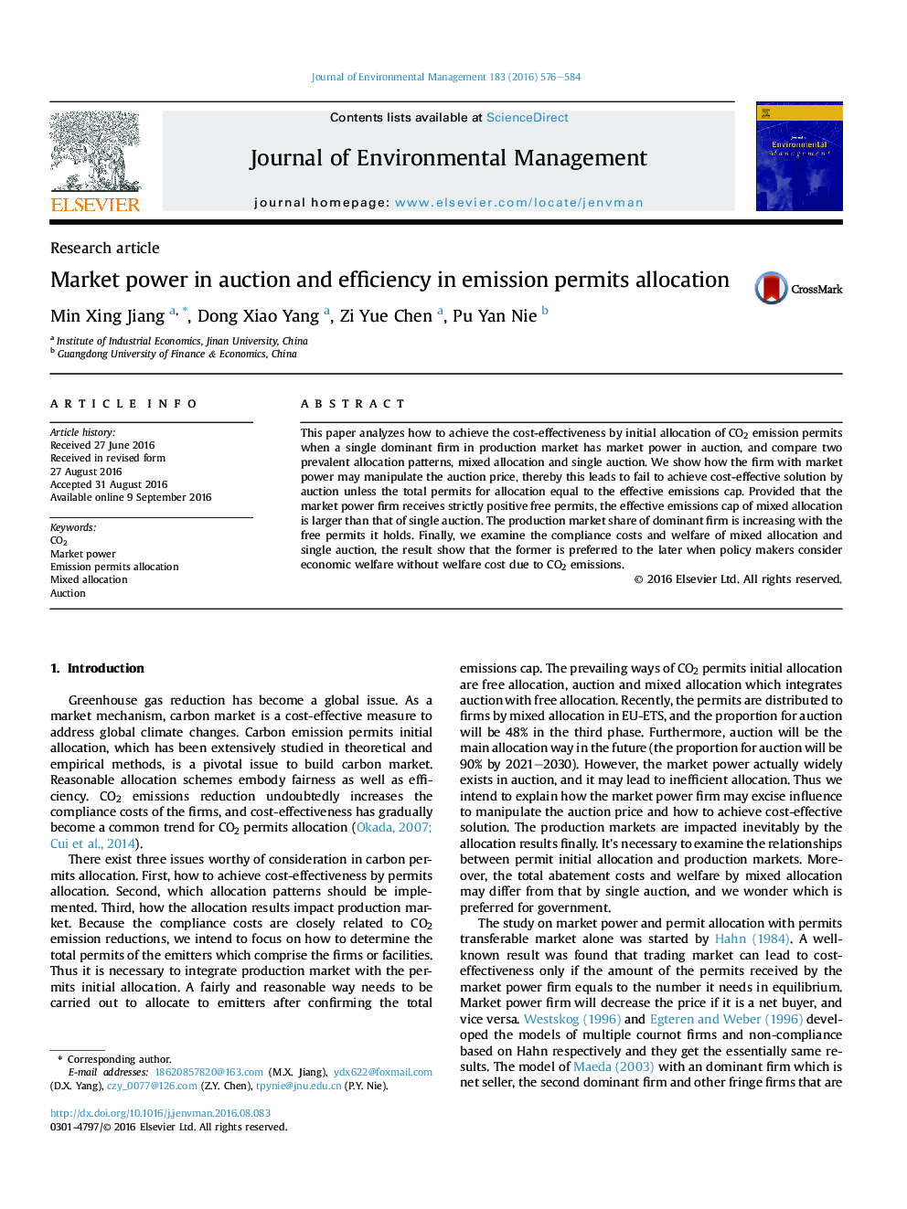 Research articleMarket power in auction and efficiency in emission permits allocation