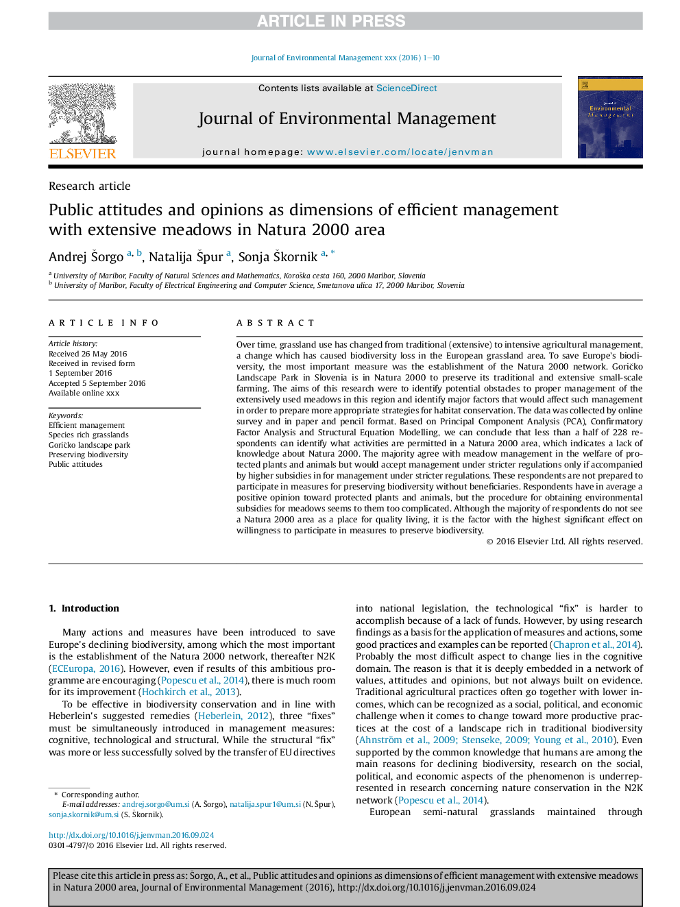 Public attitudes and opinions as dimensions of efficient management with extensive meadows in Natura 2000 area