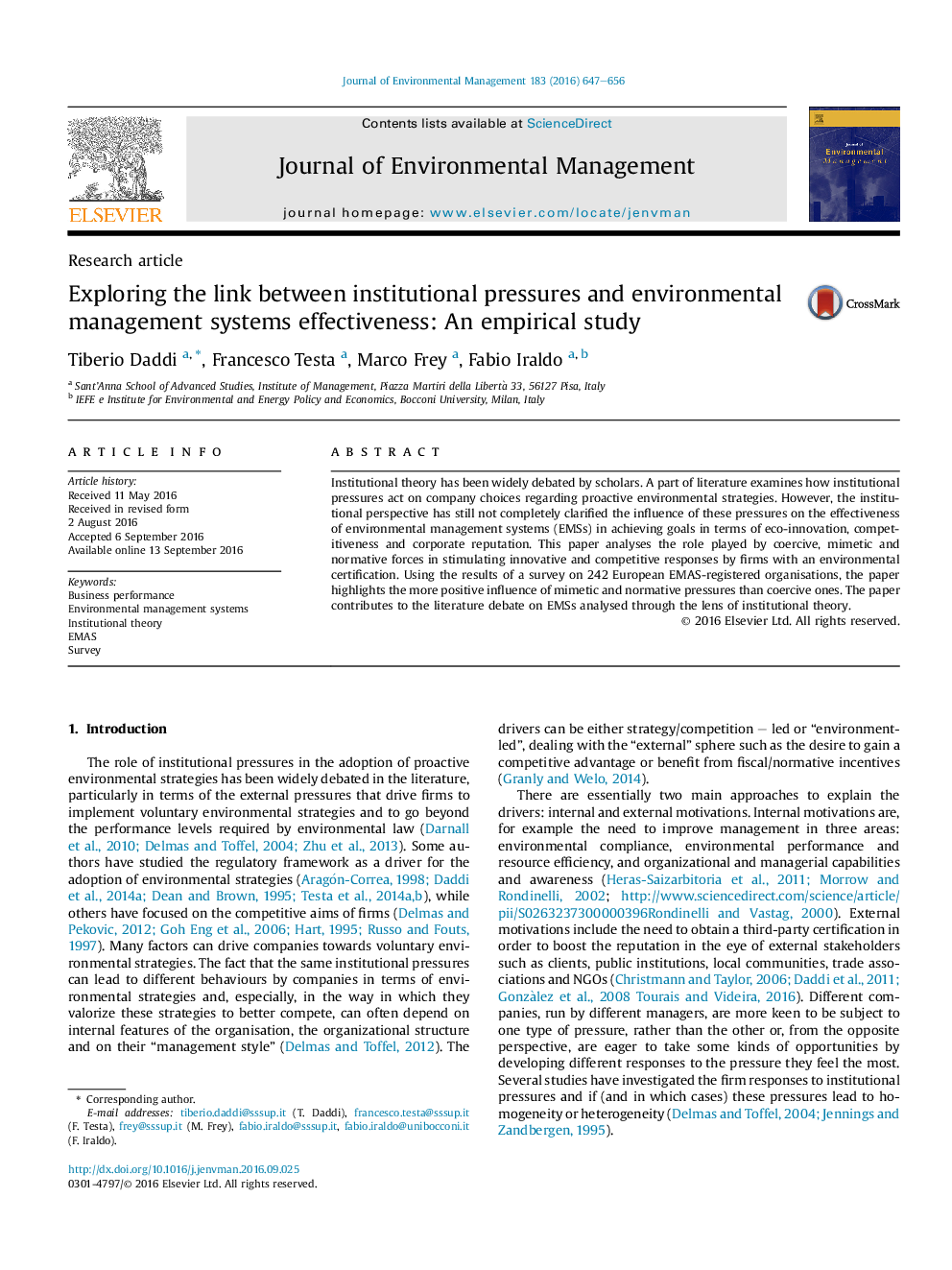 Exploring the link between institutional pressures and environmental management systems effectiveness: An empirical study