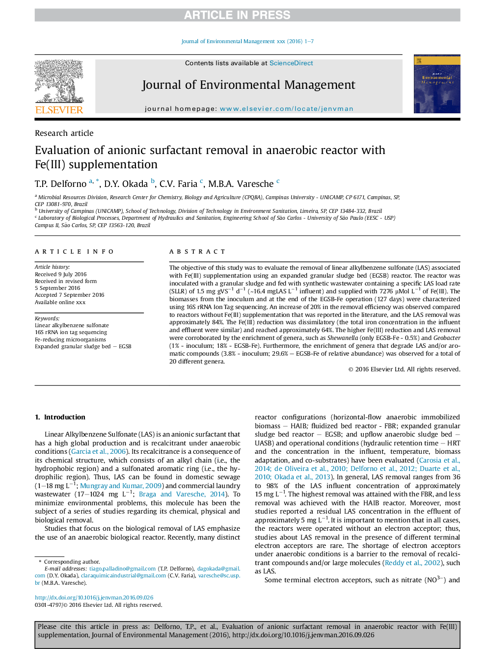 Evaluation of anionic surfactant removal in anaerobic reactor with Fe(III) supplementation