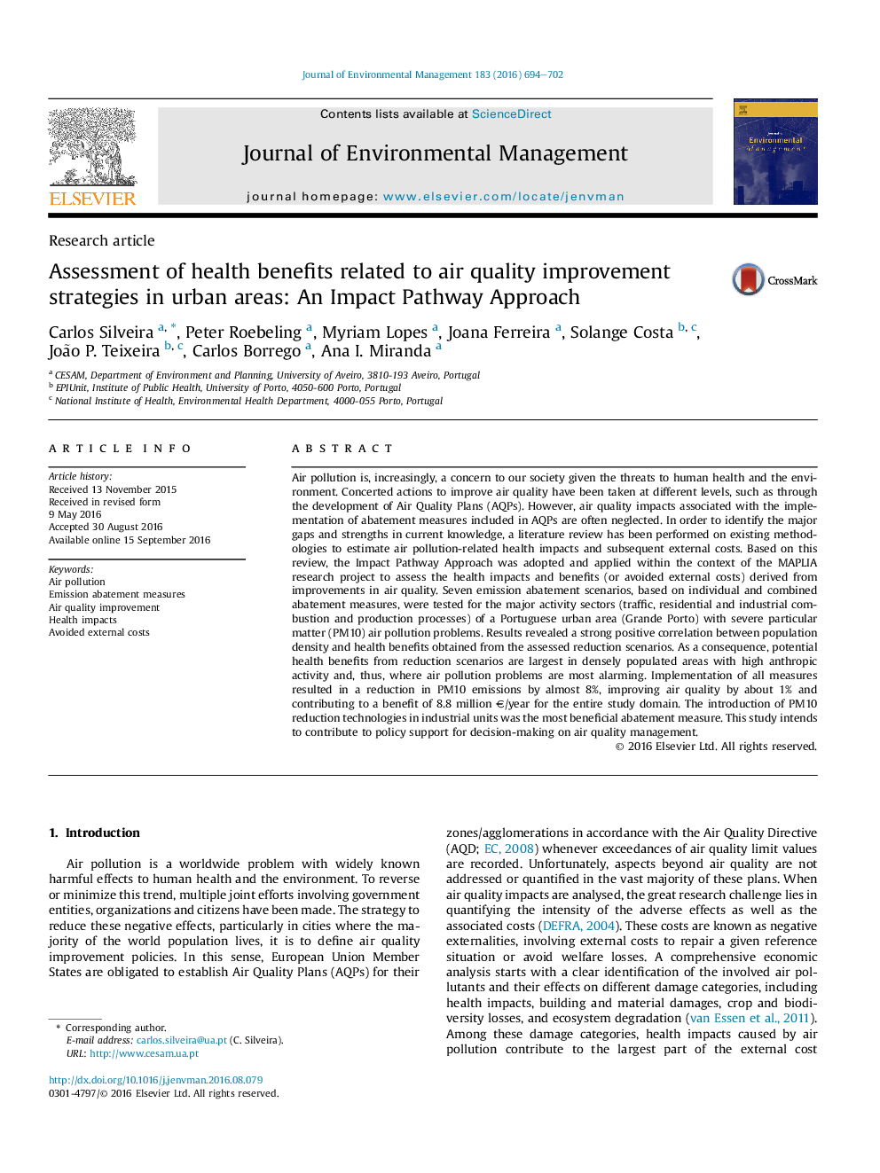 Assessment of health benefits related to air quality improvement strategies in urban areas: An Impact Pathway Approach