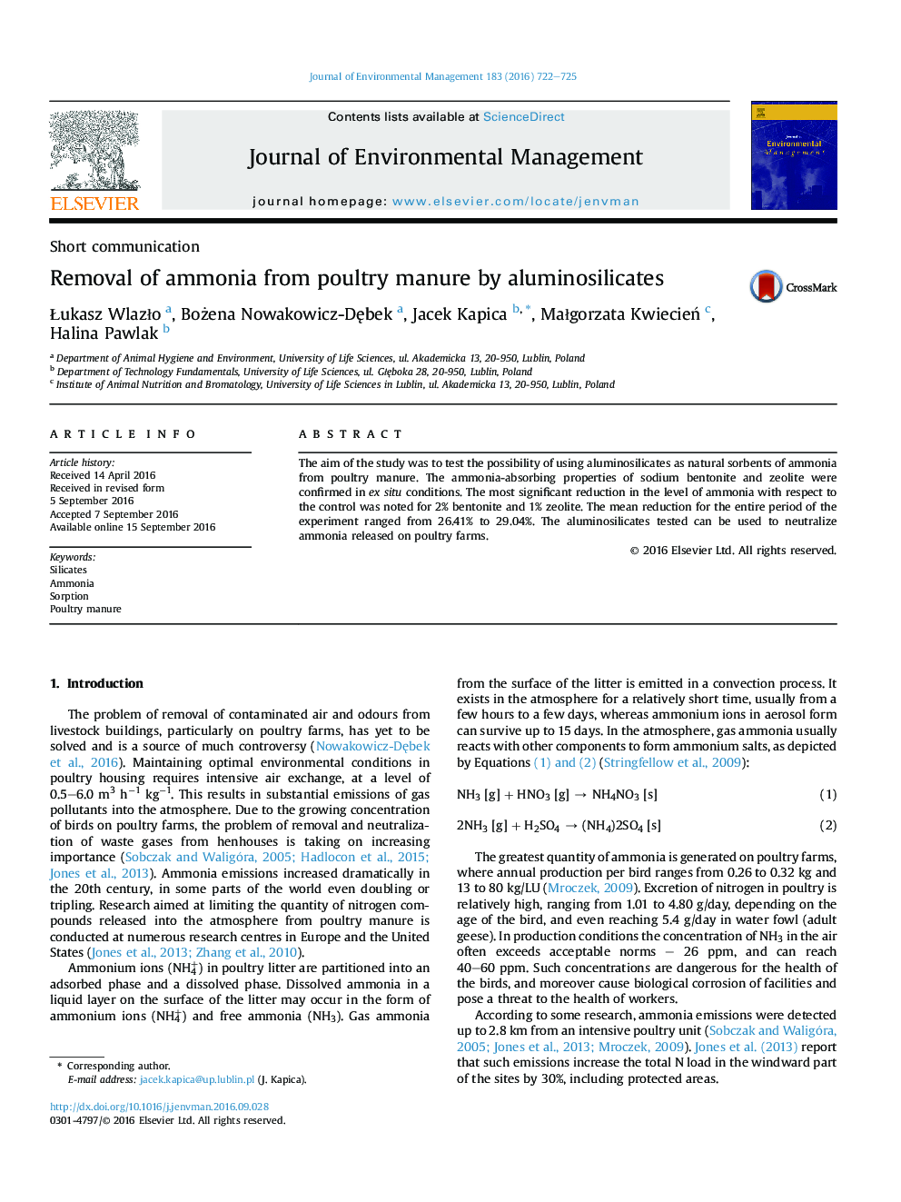 Removal of ammonia from poultry manure by aluminosilicates