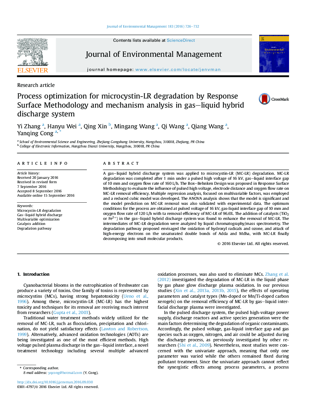 Process optimization for microcystin-LR degradation by Response Surface Methodology and mechanism analysis in gas-liquid hybrid discharge system