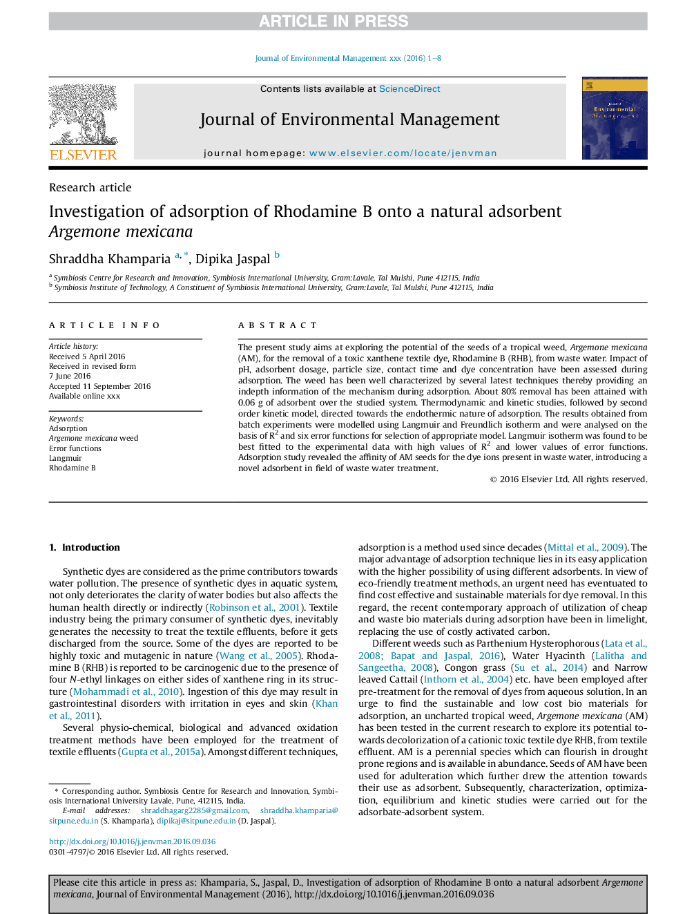 Investigation of adsorption of Rhodamine B onto a natural adsorbent Argemone mexicana