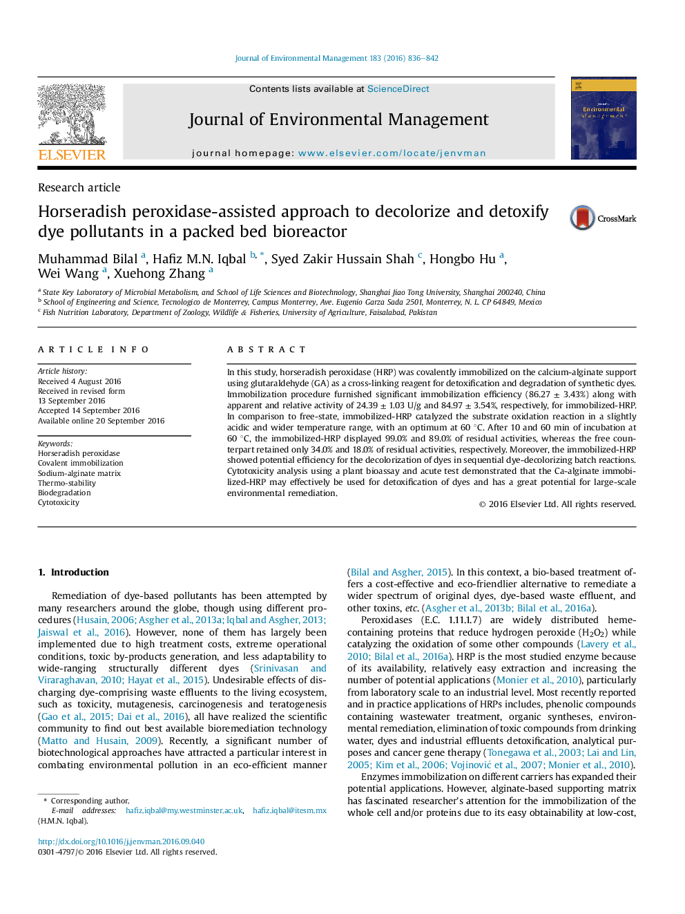 Horseradish peroxidase-assisted approach to decolorize and detoxify dye pollutants in a packed bed bioreactor