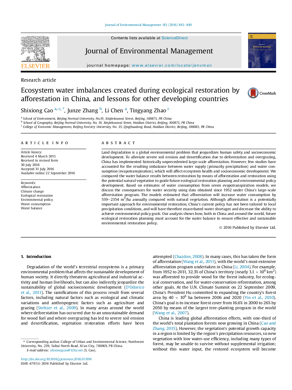 Ecosystem water imbalances created during ecological restoration by afforestation in China, and lessons for other developing countries