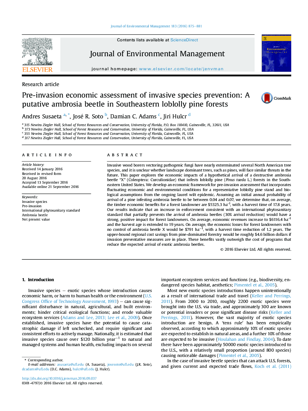 Pre-invasion economic assessment of invasive species prevention: A putative ambrosia beetle in Southeastern loblolly pine forests