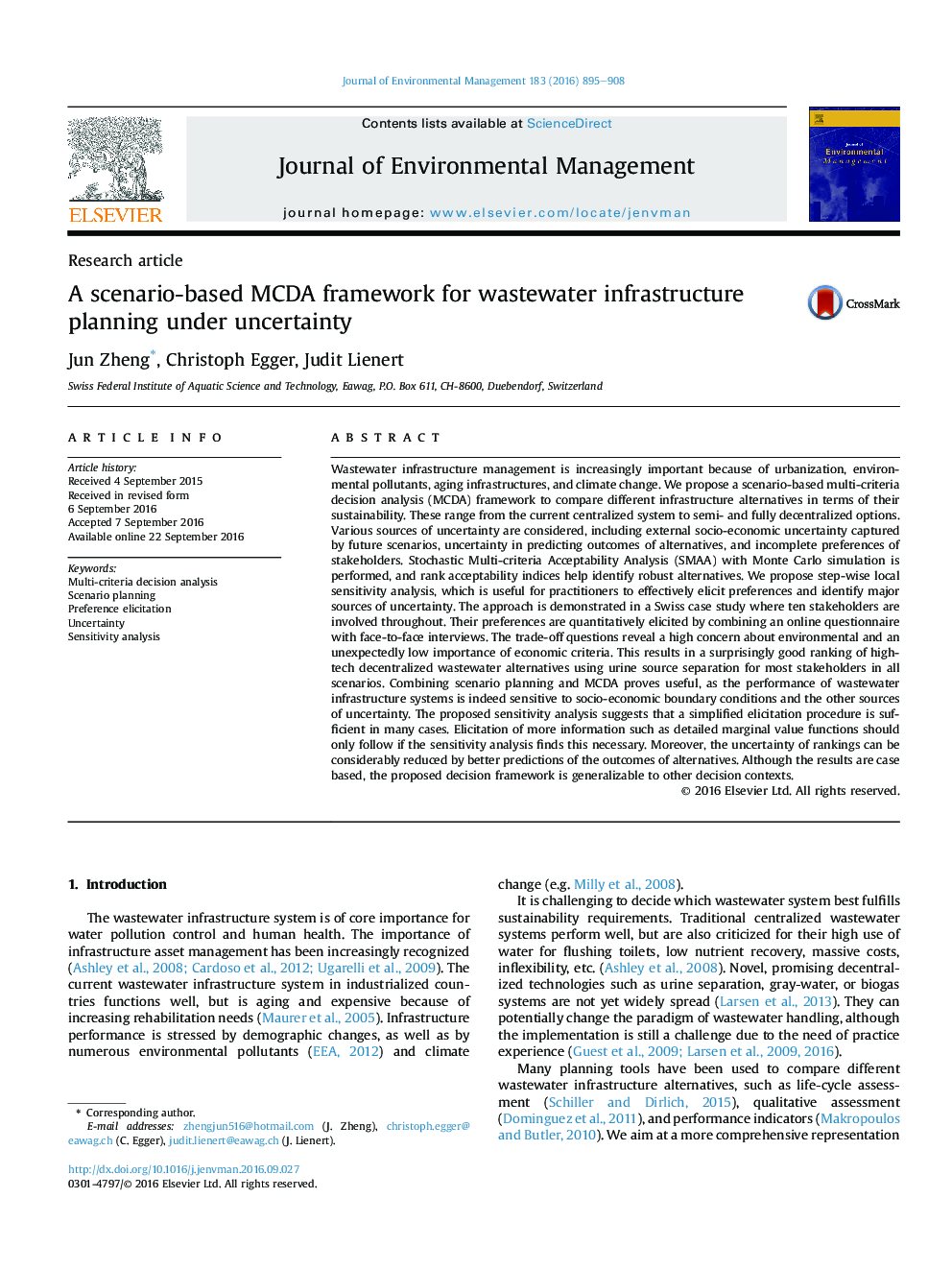 A scenario-based MCDA framework for wastewater infrastructure planning under uncertainty
