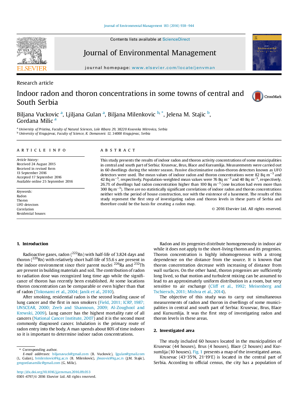 Indoor radon and thoron concentrations in some towns of central and South Serbia