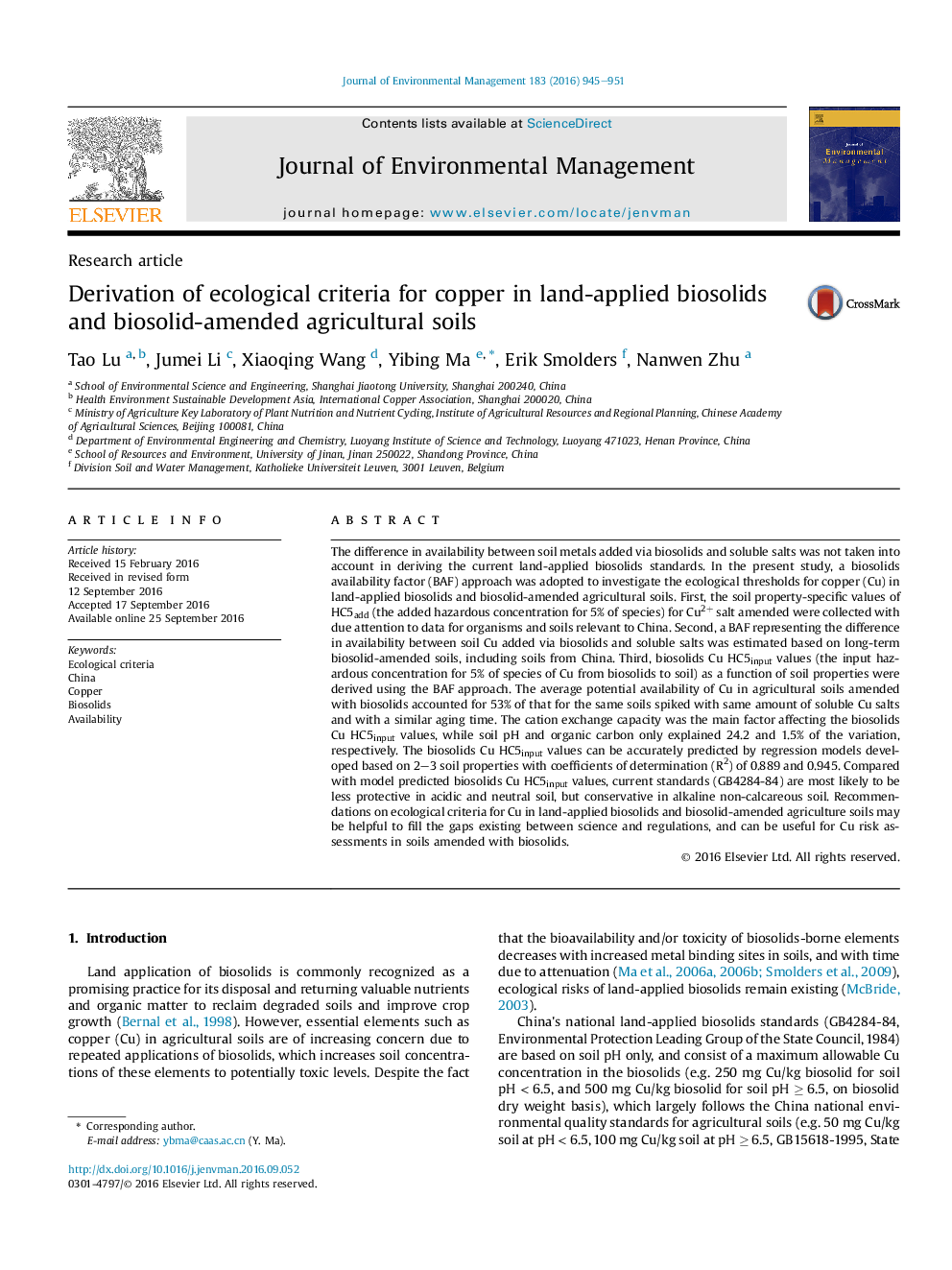 Derivation of ecological criteria for copper in land-applied biosolids and biosolid-amended agricultural soils