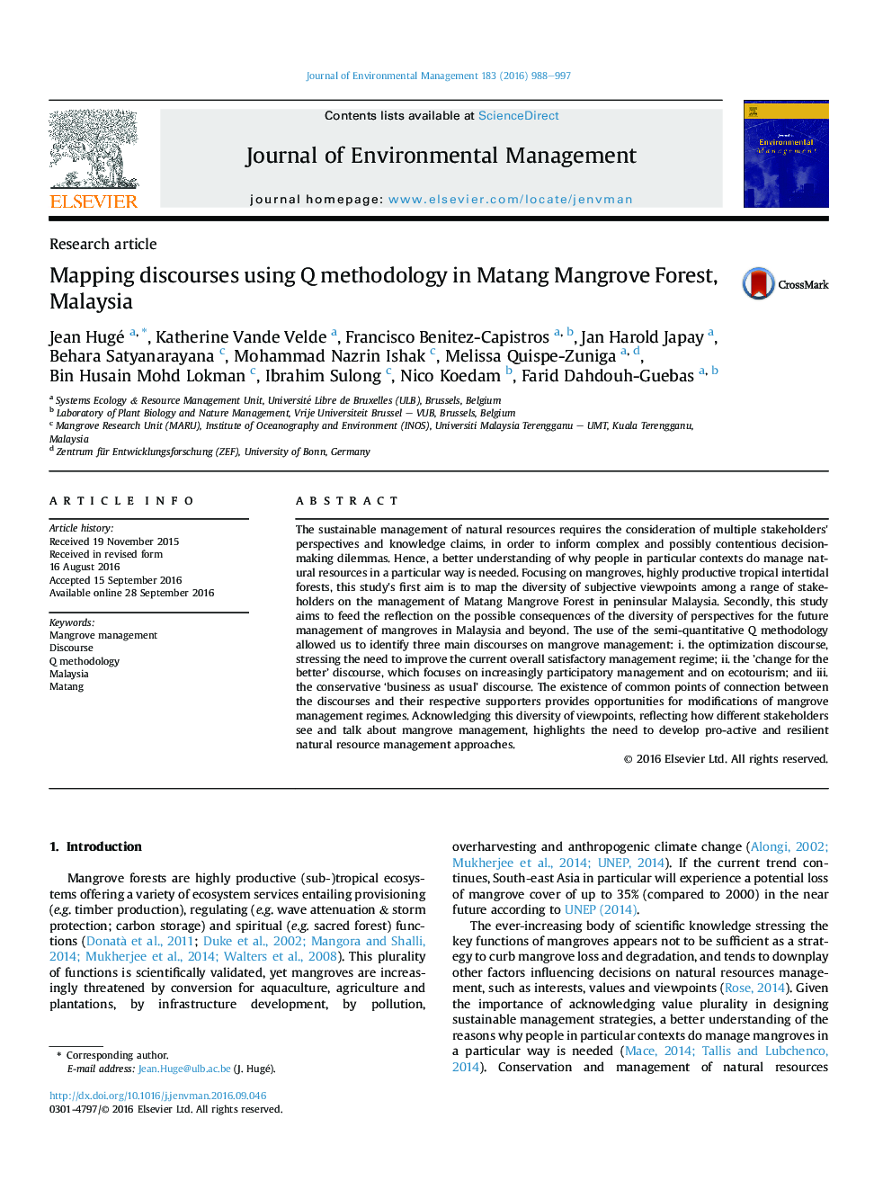 Mapping discourses using Q methodology in Matang Mangrove Forest, Malaysia