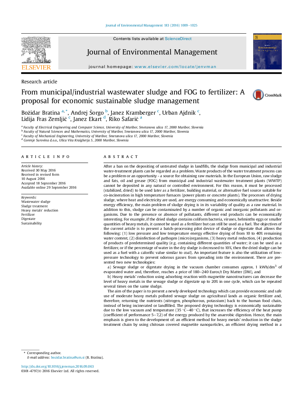 From municipal/industrial wastewater sludge and FOG to fertilizer: A proposal for economic sustainable sludge management