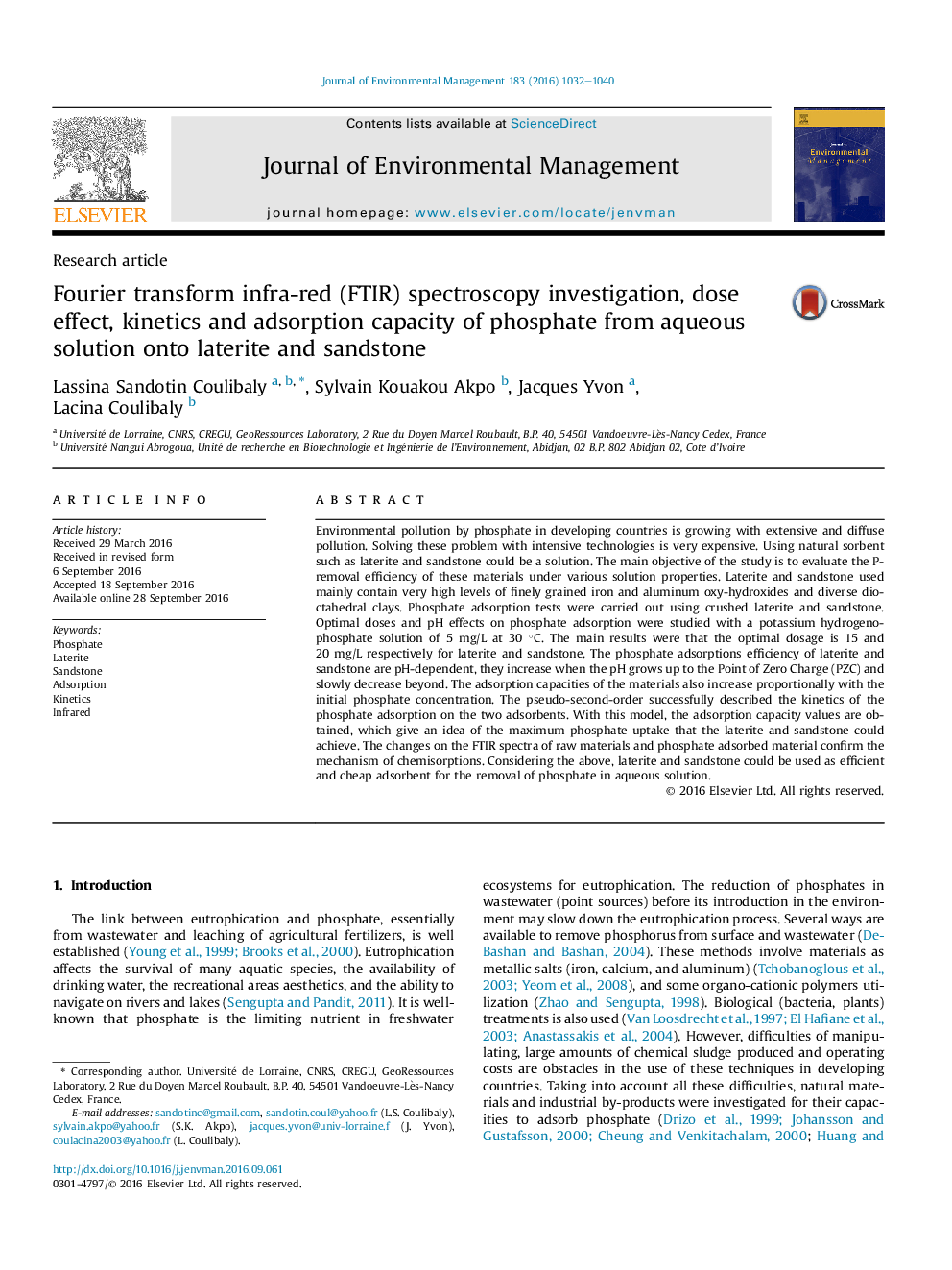 Fourier transform infra-red (FTIR) spectroscopy investigation, dose effect, kinetics and adsorption capacity of phosphate from aqueous solution onto laterite and sandstone