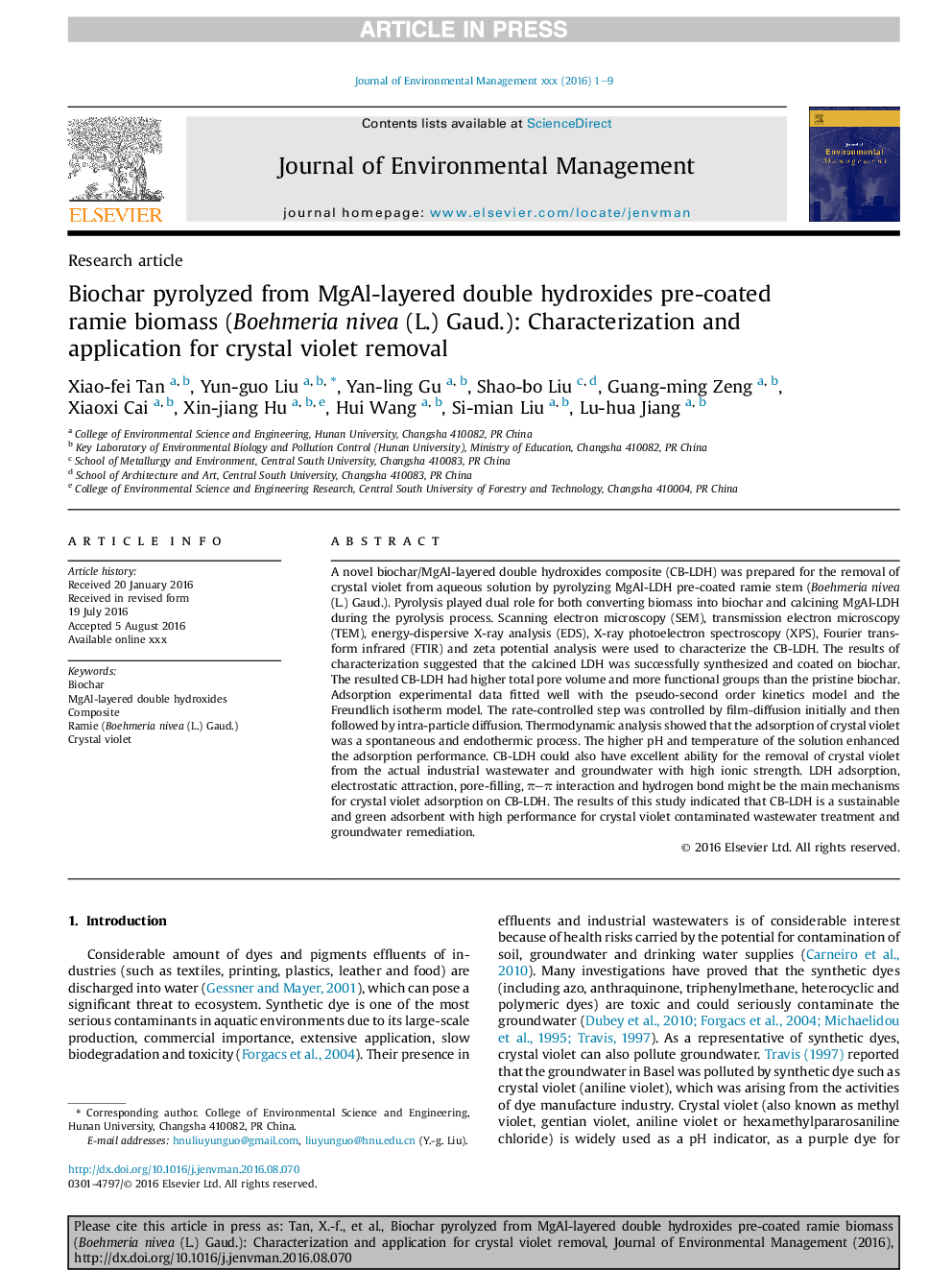 Biochar pyrolyzed from MgAl-layered double hydroxides pre-coated ramie biomass (Boehmeria nivea (L.) Gaud.): Characterization and application for crystal violet removal