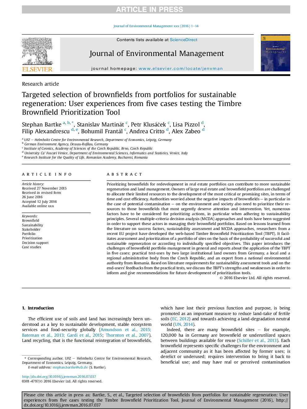 Targeted selection of brownfields from portfolios for sustainable regeneration: User experiences from five cases testing the Timbre Brownfield Prioritization Tool