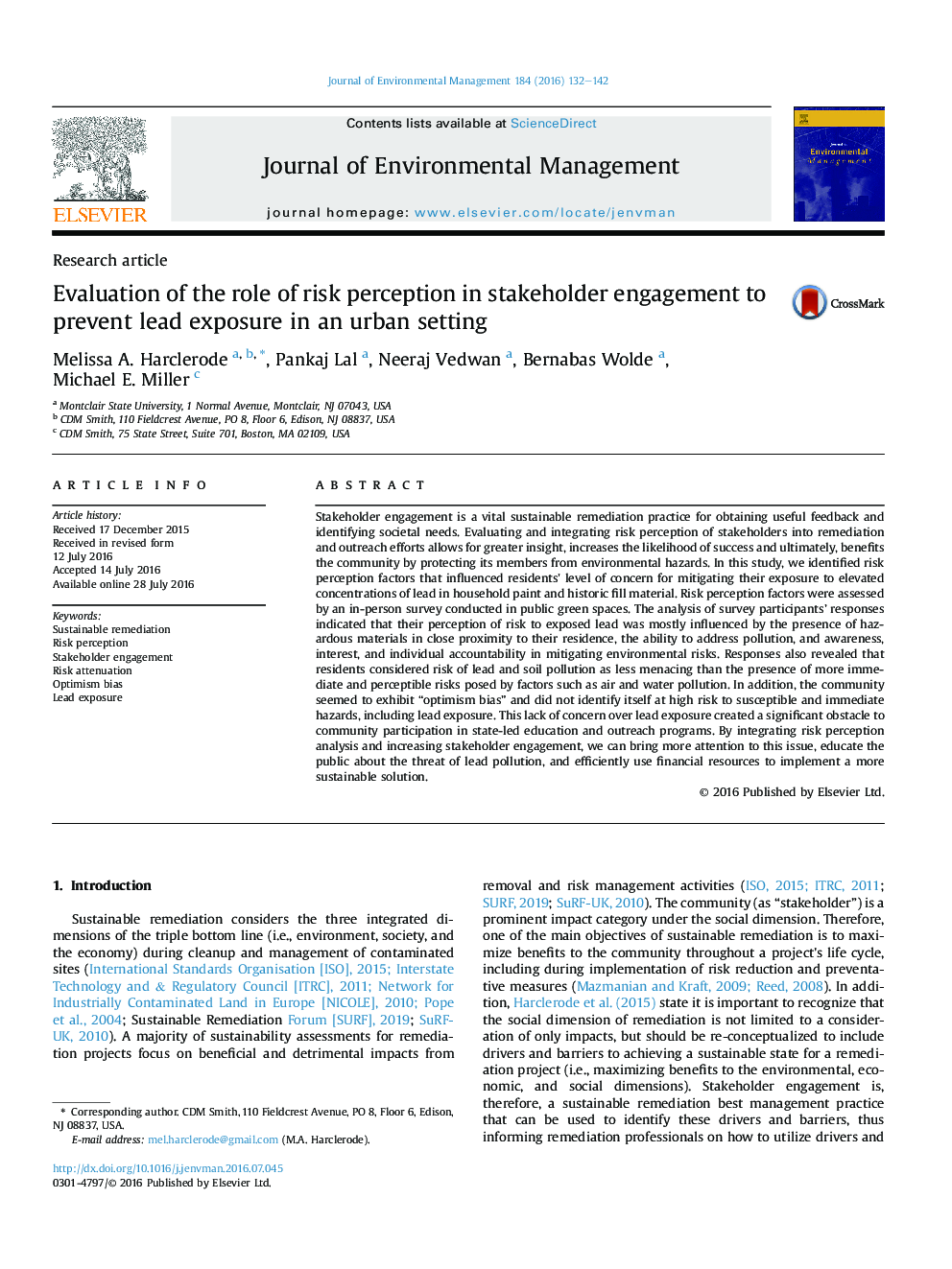 Evaluation of the role of risk perception in stakeholder engagement to prevent lead exposure in an urban setting