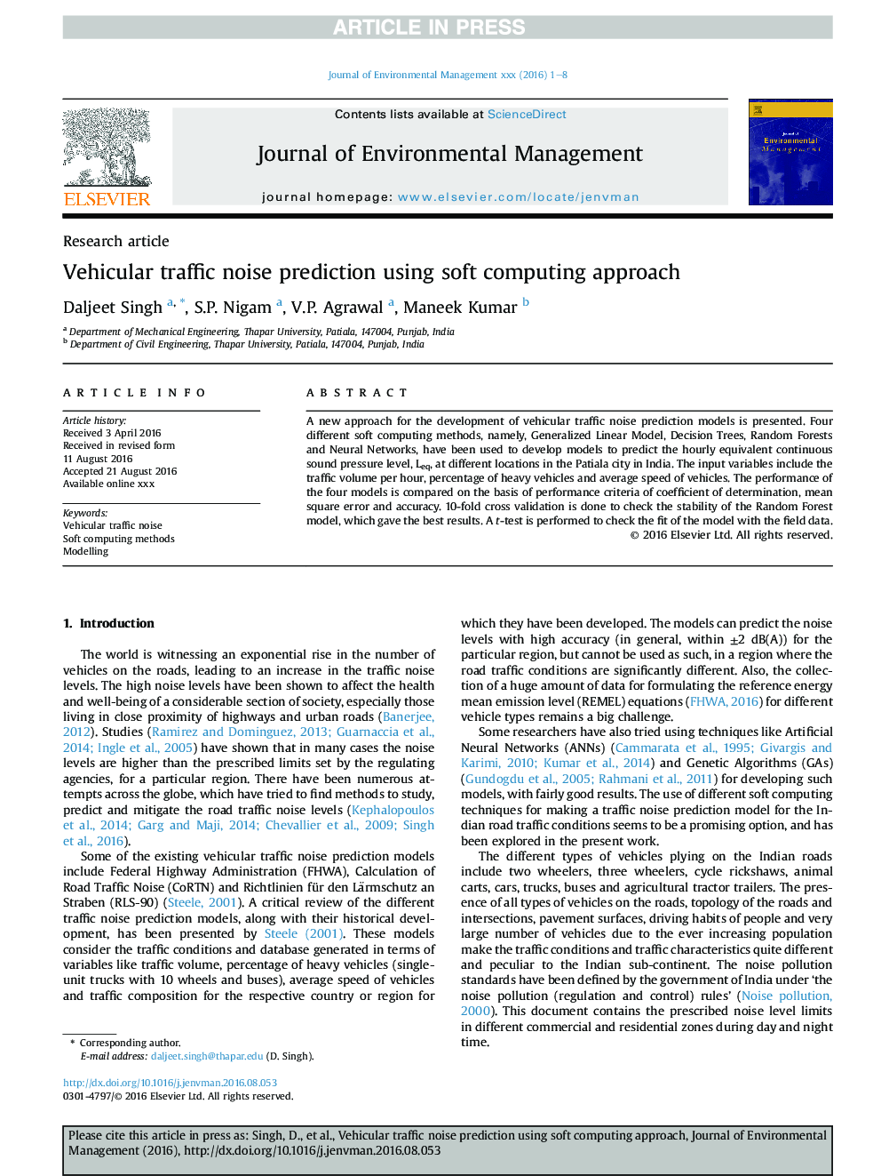 Vehicular traffic noise prediction using soft computing approach