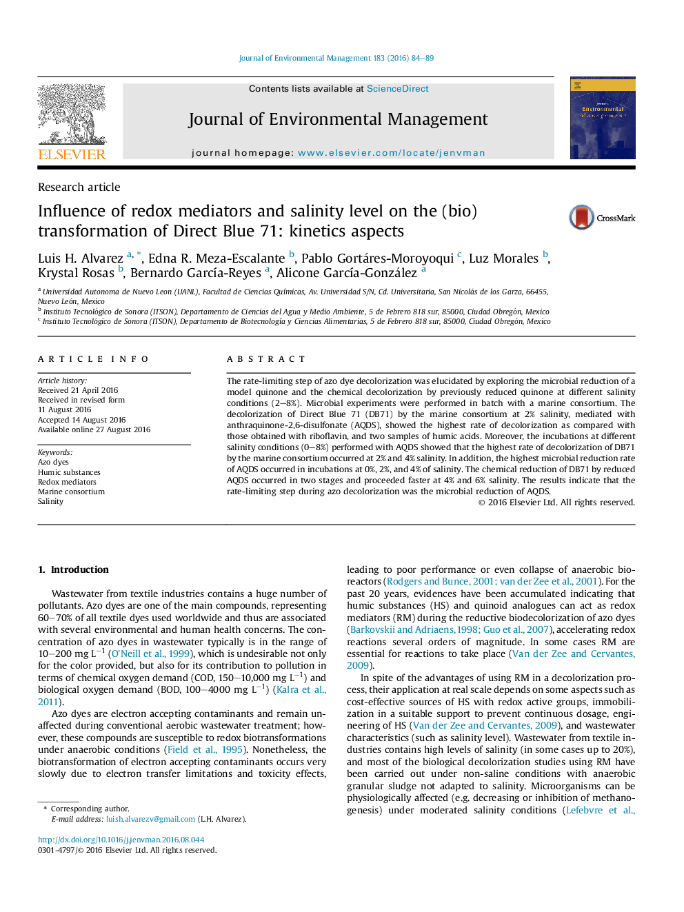 Influence of redox mediators and salinity level on the (bio)transformation of Direct Blue 71: kinetics aspects