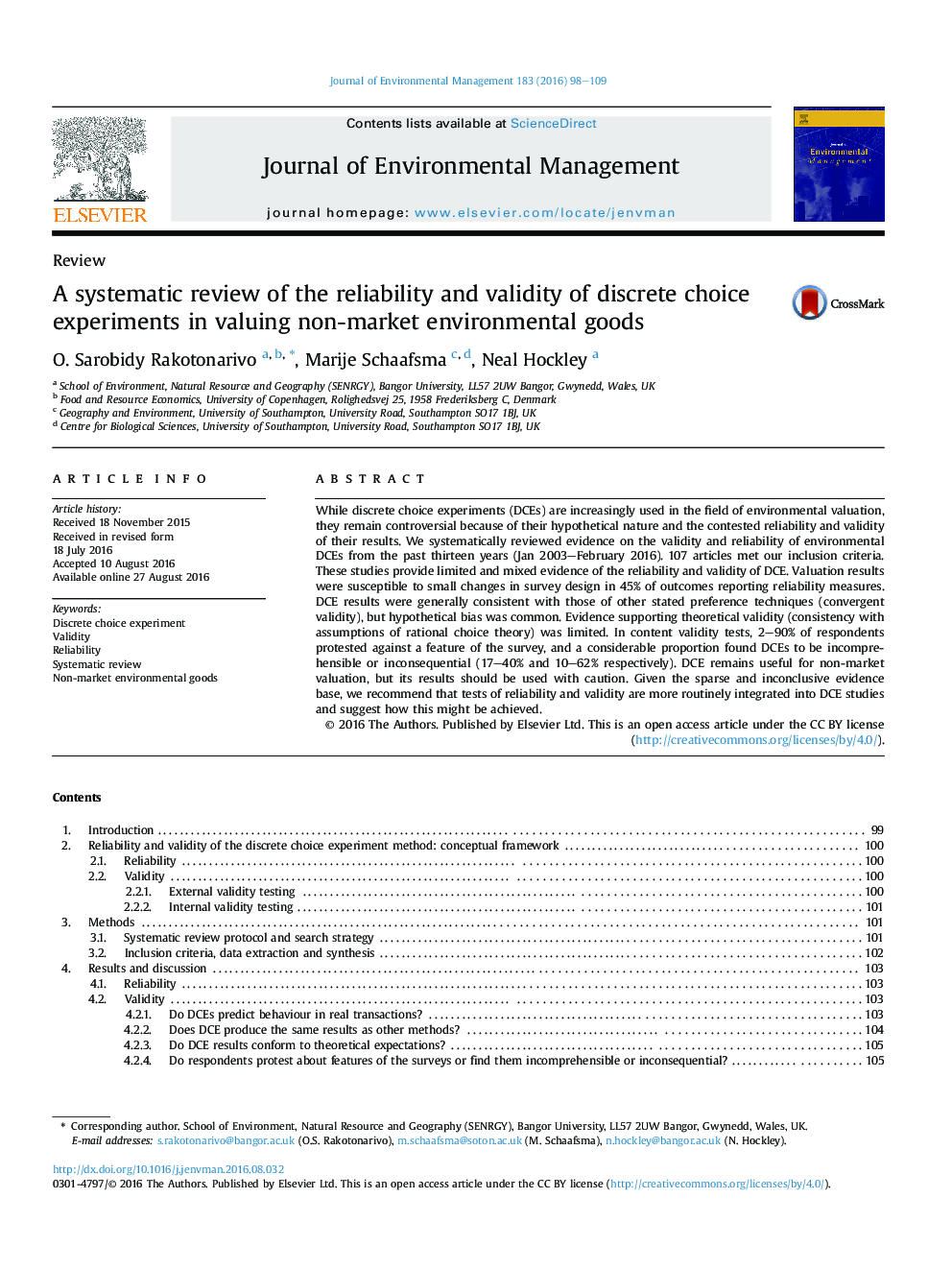 A systematic review of the reliability and validity of discrete choice experiments in valuing non-market environmental goods