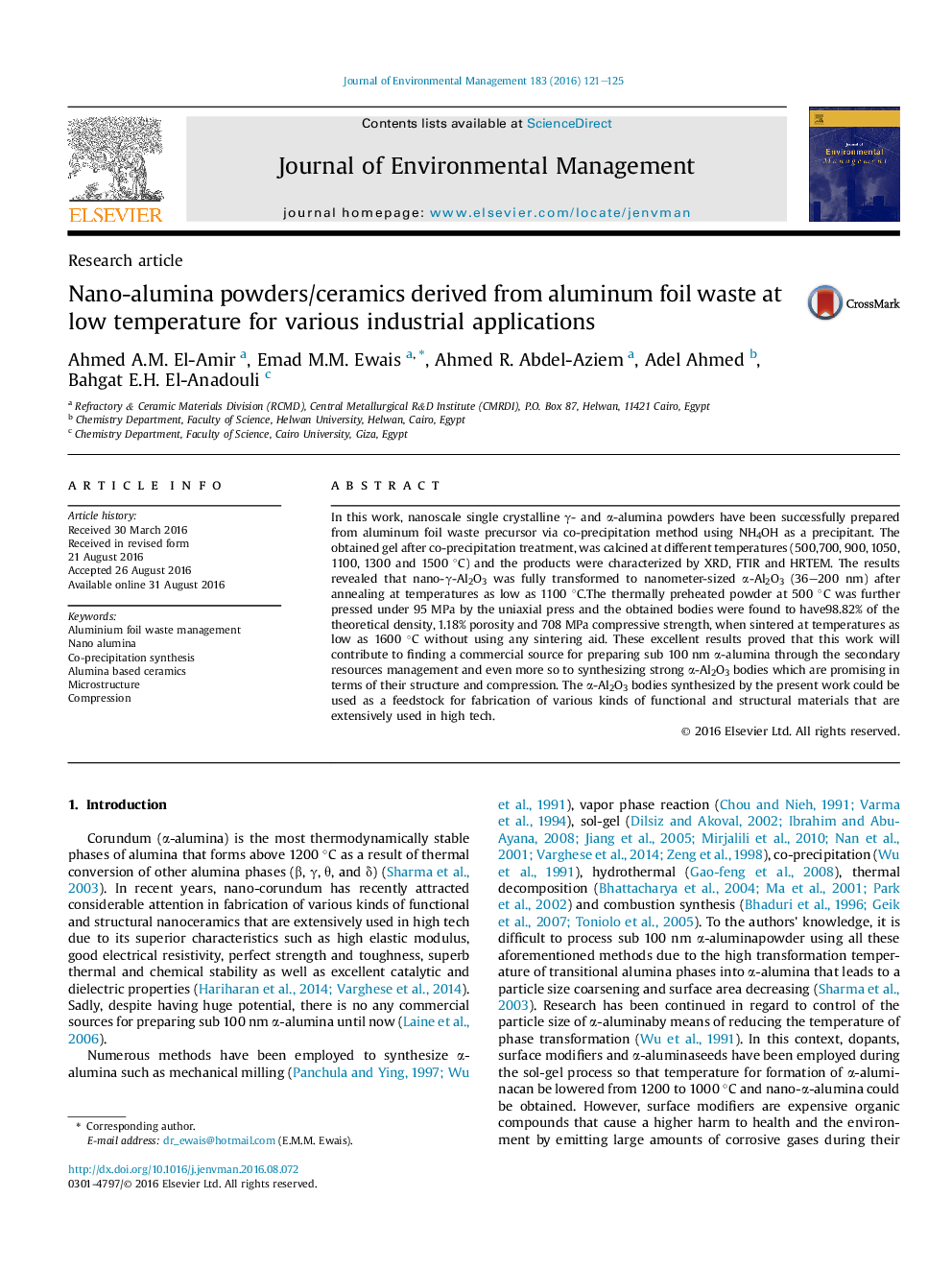 Nano-alumina powders/ceramics derived from aluminum foil waste at low temperature for various industrial applications