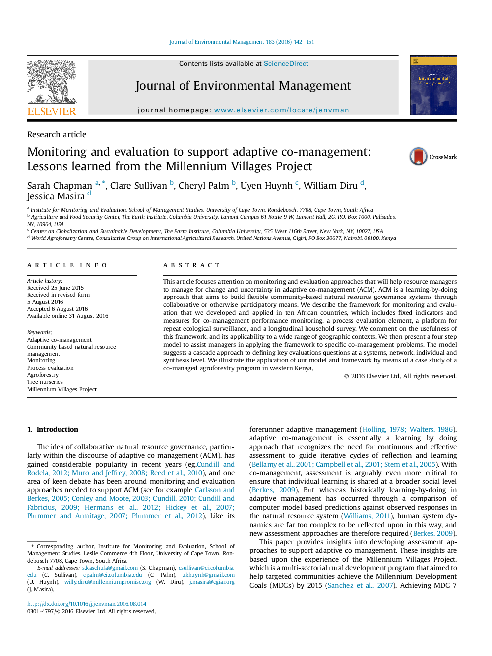 Monitoring and evaluation to support adaptive co-management: Lessons learned from the Millennium Villages Project