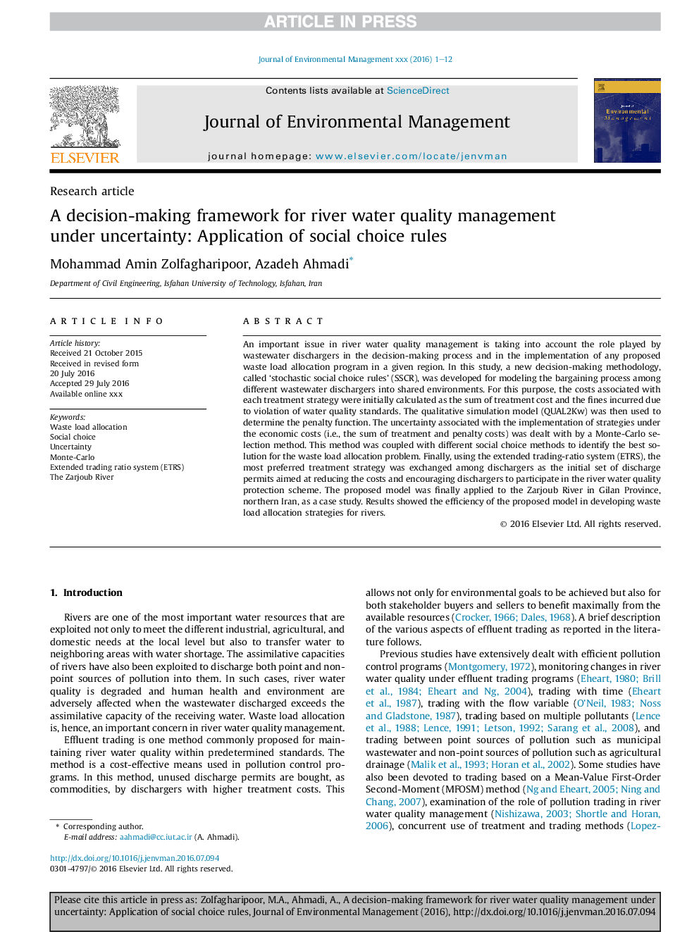 A decision-making framework for river water quality management under uncertainty: Application of social choice rules