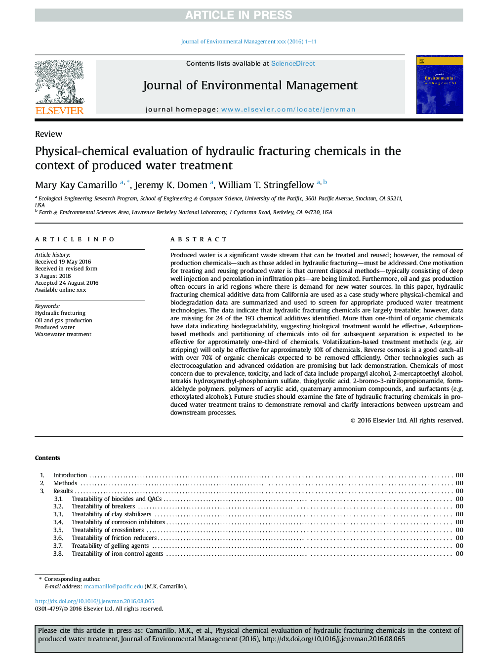 Physical-chemical evaluation of hydraulic fracturing chemicals in the context of produced water treatment