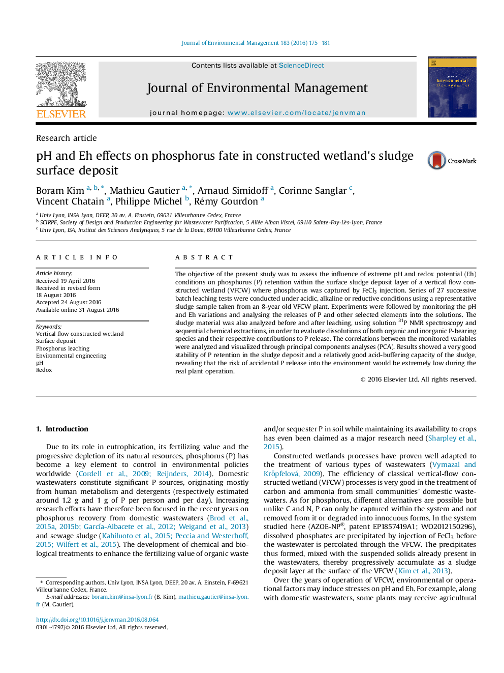 pH and Eh effects on phosphorus fate in constructed wetland's sludge surface deposit