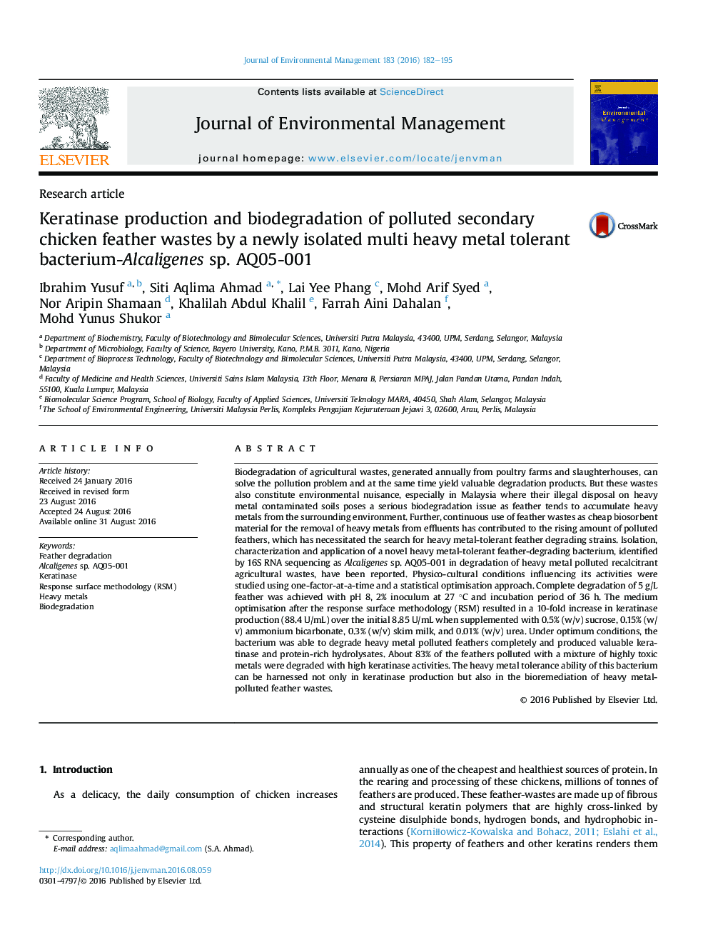 Keratinase production and biodegradation of polluted secondary chicken feather wastes by a newly isolated multi heavy metal tolerant bacterium-Alcaligenes sp. AQ05-001