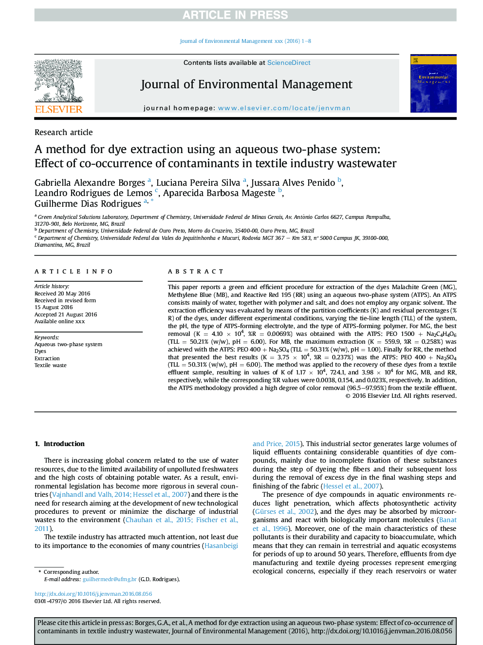 A method for dye extraction using an aqueous two-phase system: Effect of co-occurrence of contaminants in textile industry wastewater