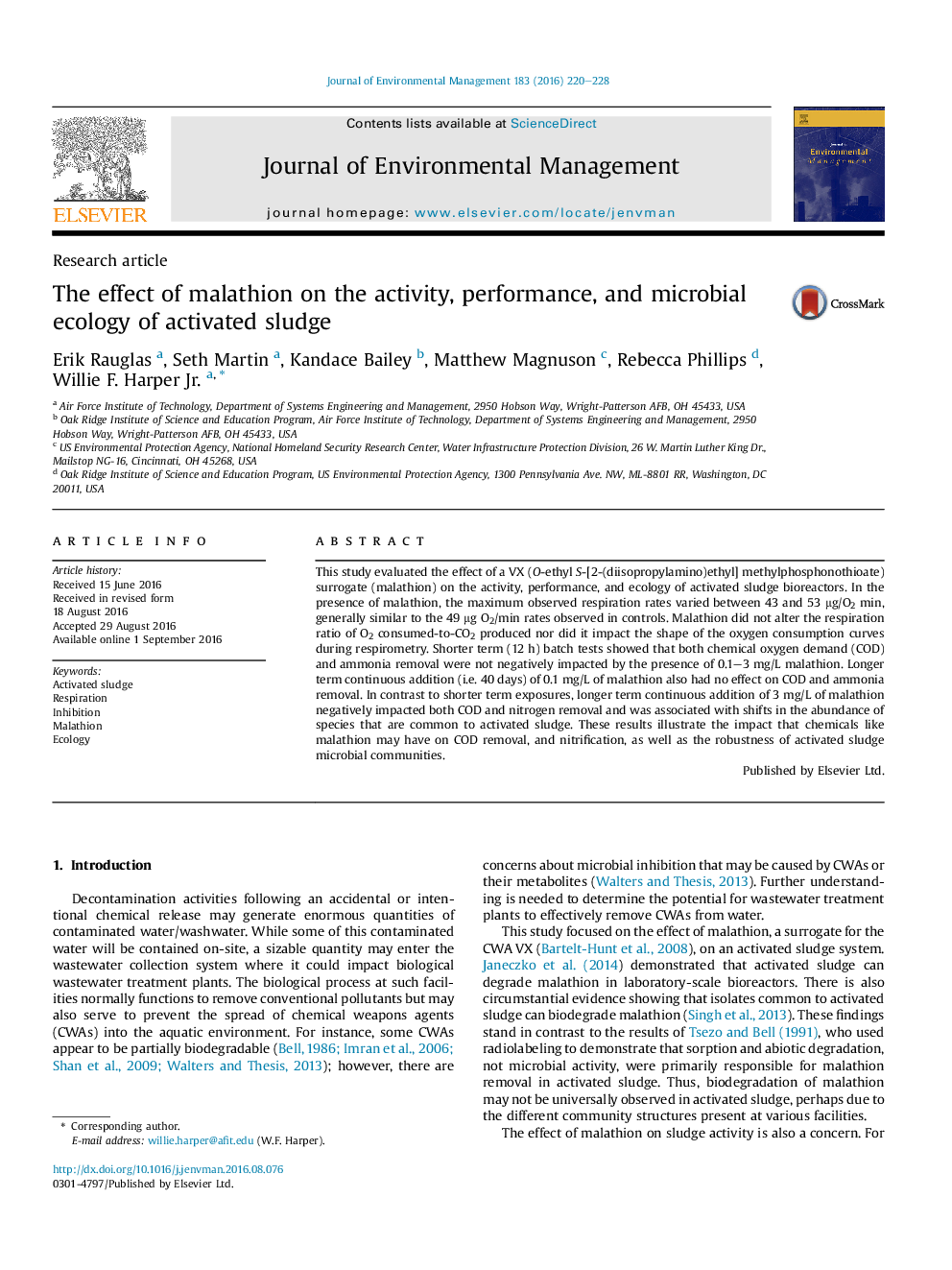 The effect of malathion on the activity, performance, and microbial ecology of activated sludge