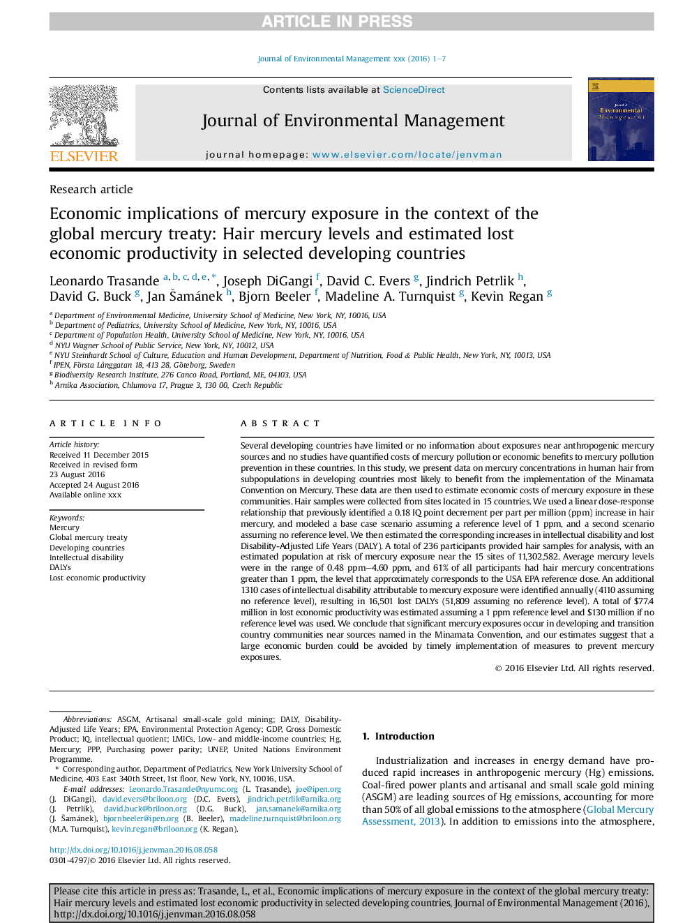 Economic implications of mercury exposure in the context of the global mercury treaty: Hair mercury levels and estimated lost economic productivity in selected developing countries