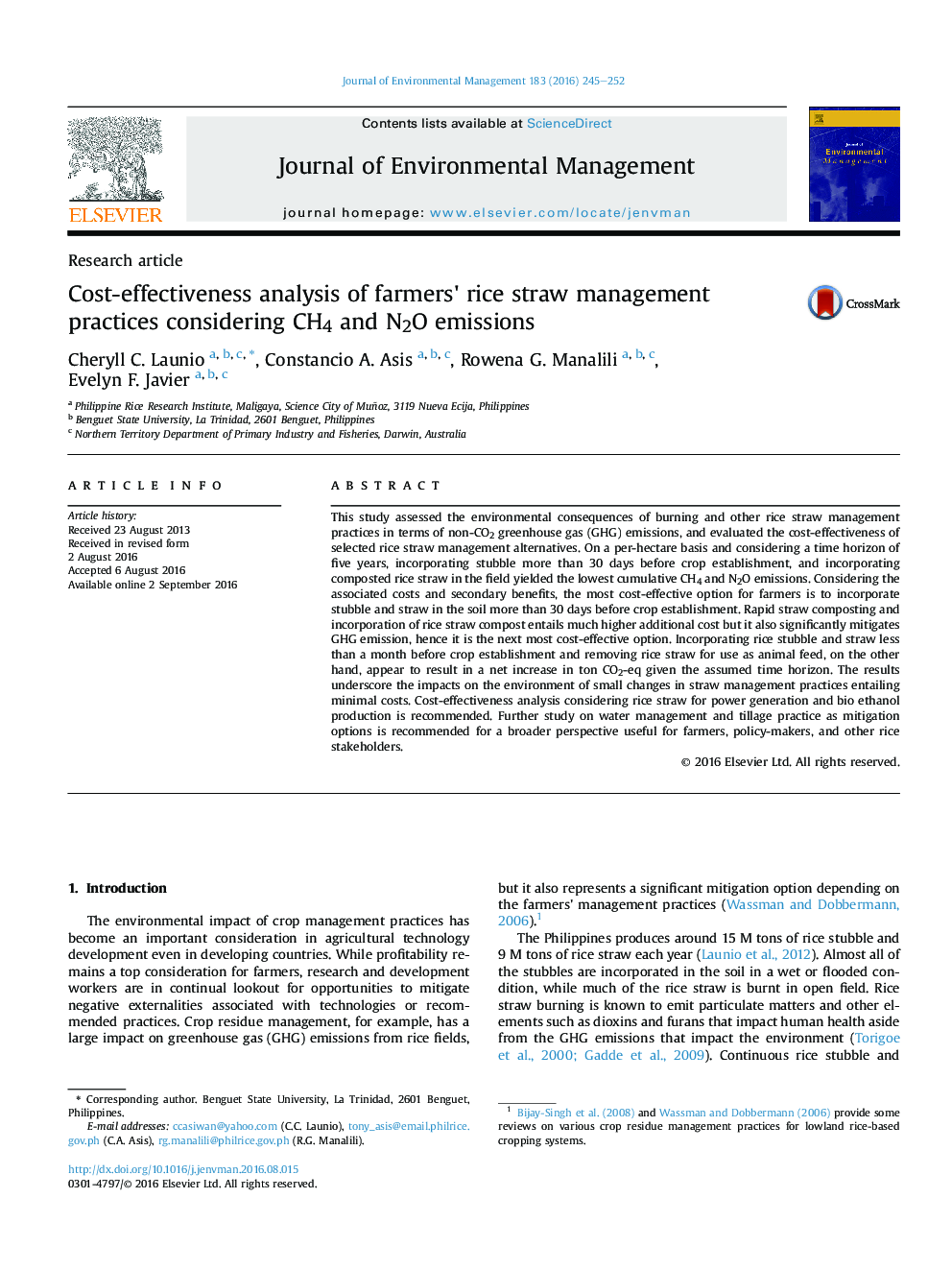 Cost-effectiveness analysis of farmers' rice straw management practices considering CH4 and N2O emissions